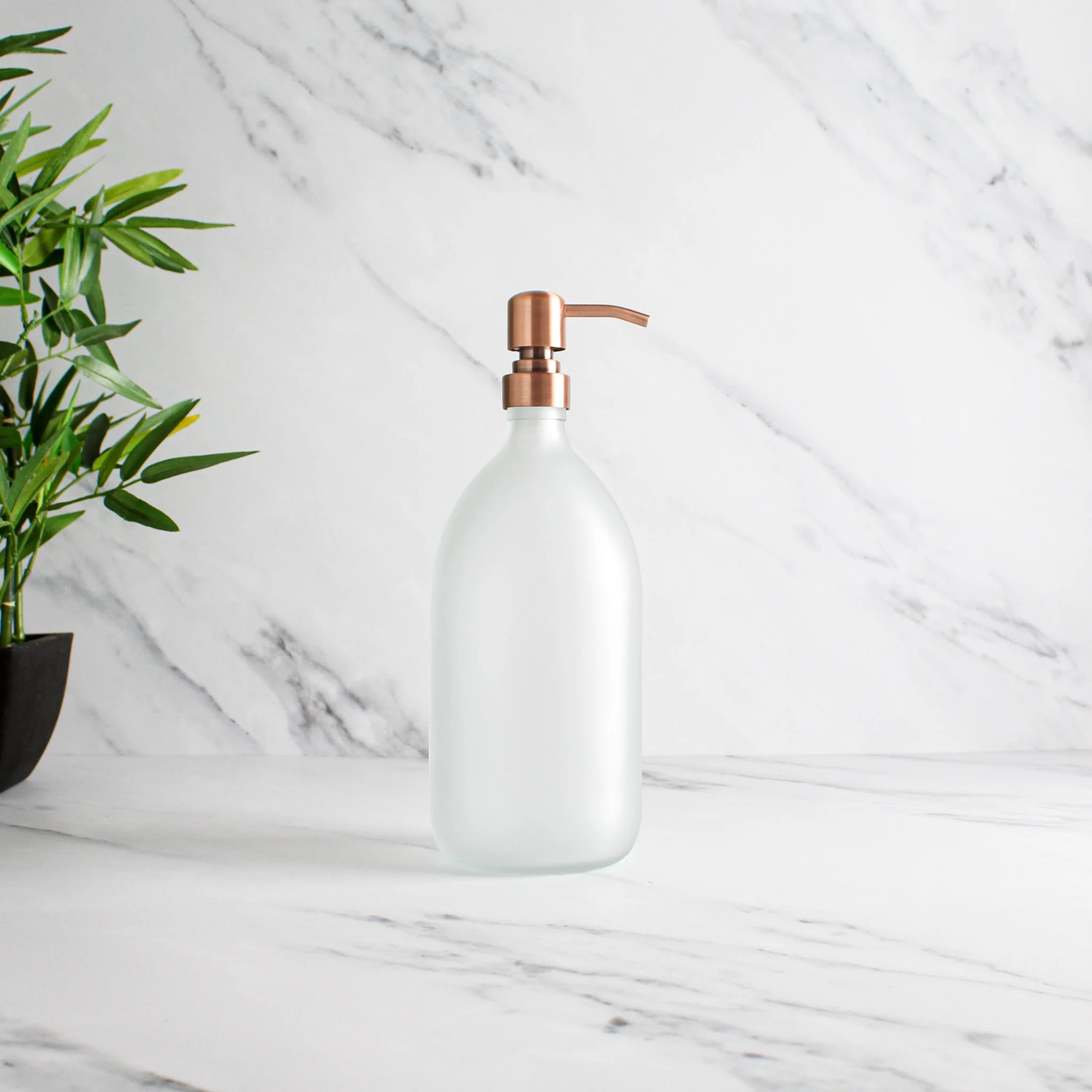 Frosted White Glass Dispenser Bottle With Rose Gold Pump - Image 3