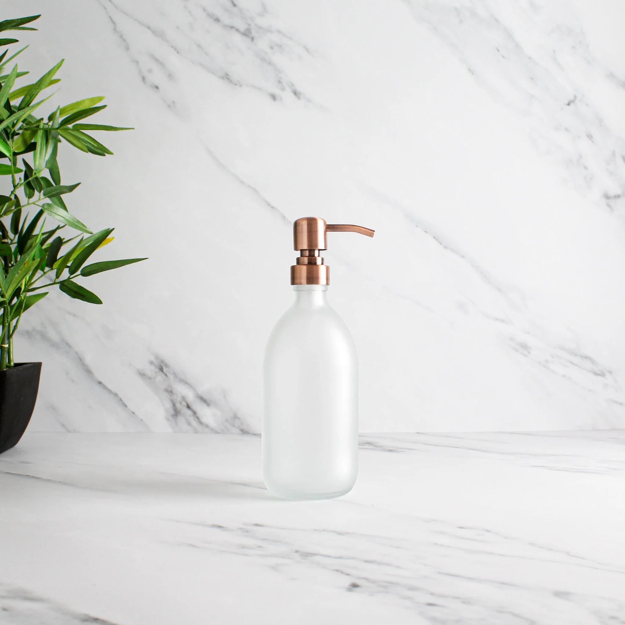 Frosted White Glass Dispenser Bottle With Rose Gold Pump - Image 4