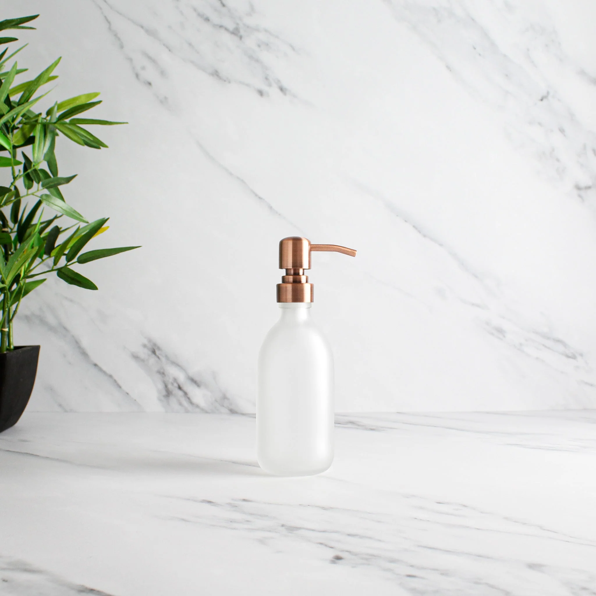 Frosted White Glass Dispenser Bottle With Rose Gold Pump - Image 5