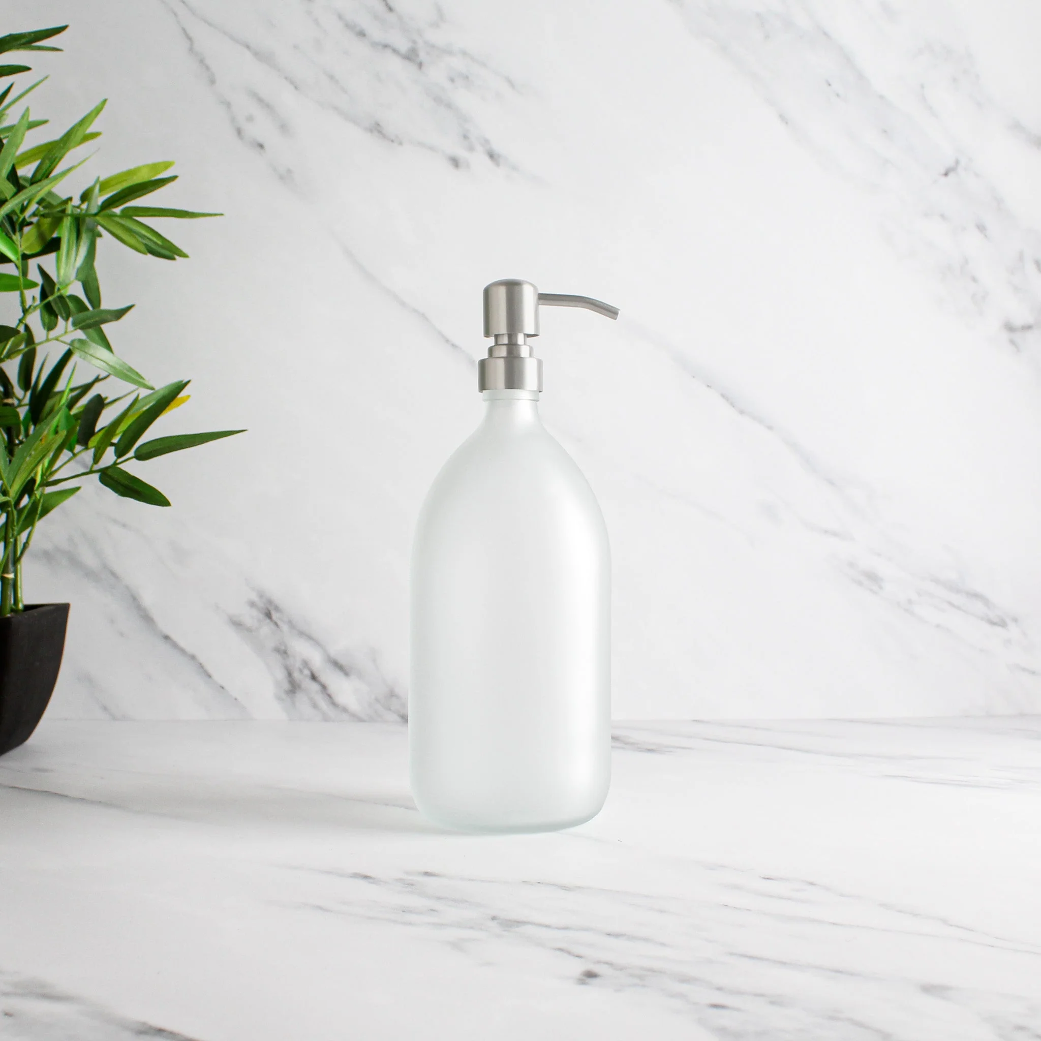 Frosted White Glass Dispenser Bottle With Silver Pump - Image 3