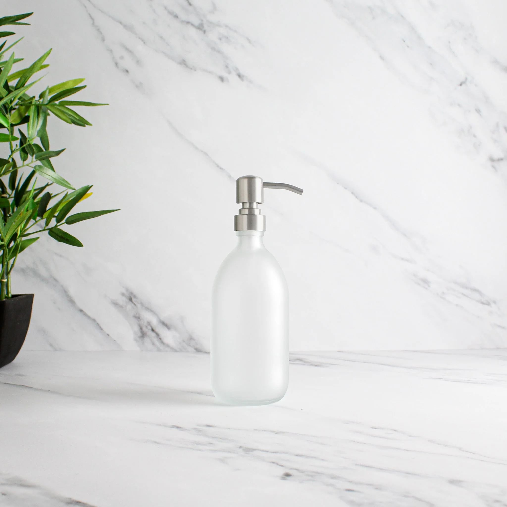 Frosted White Glass Dispenser Bottle With Silver Pump - Image 4