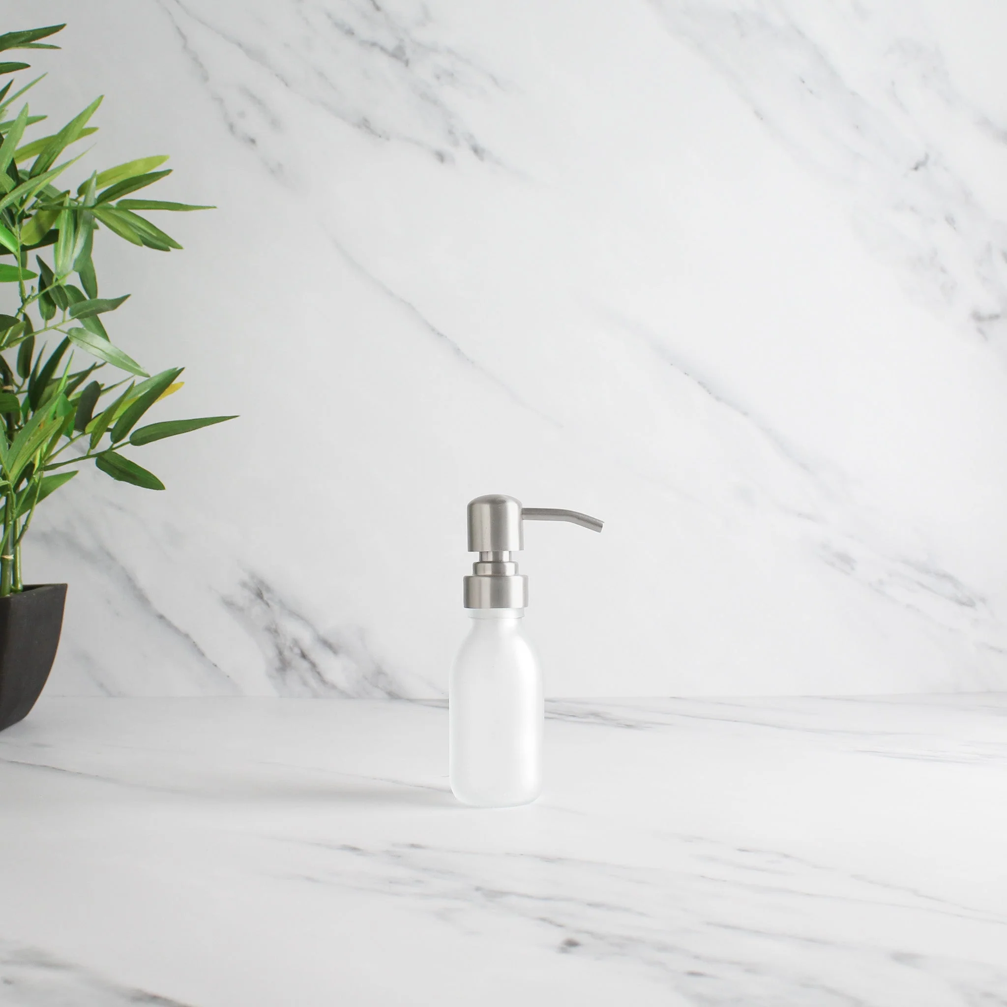 Frosted White Glass Dispenser Bottle With Silver Pump - Image 6