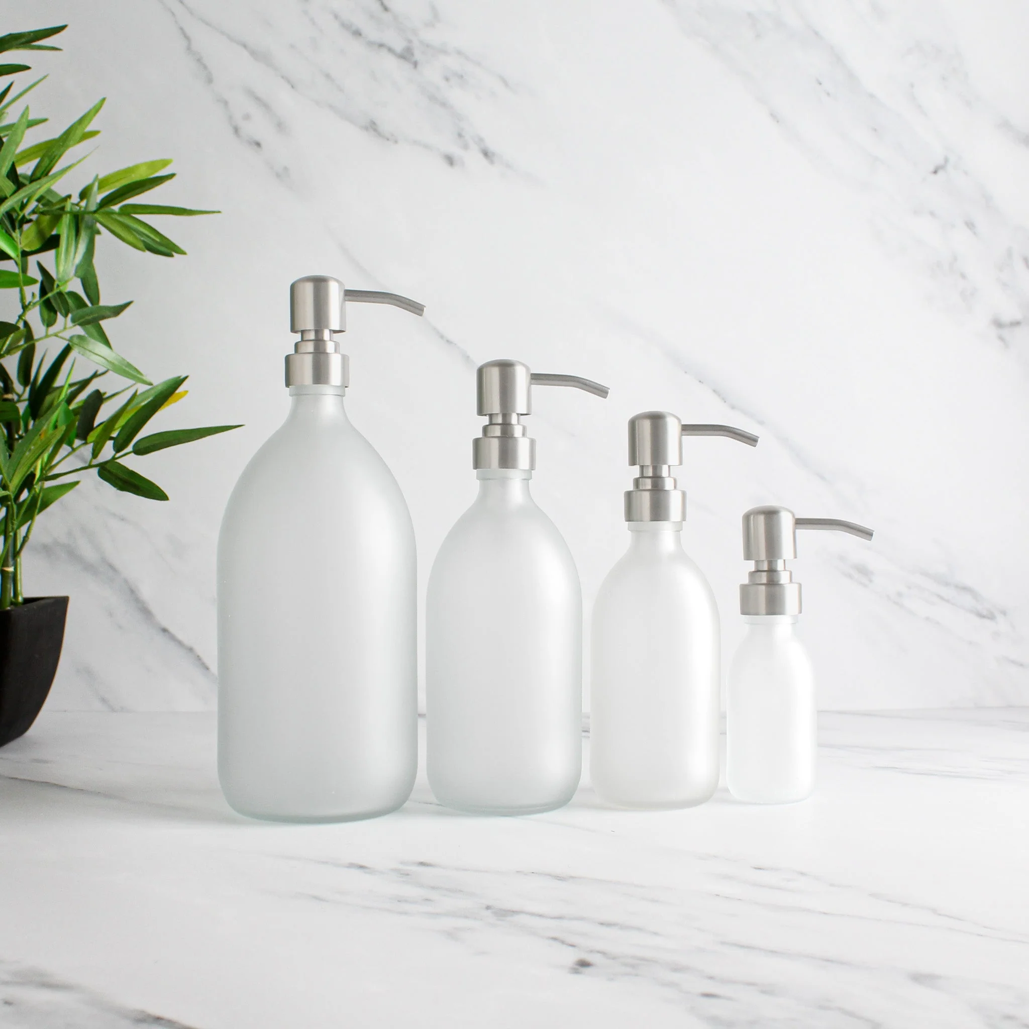 Frosted White Glass Dispenser Bottle With Silver Pump - Image 7