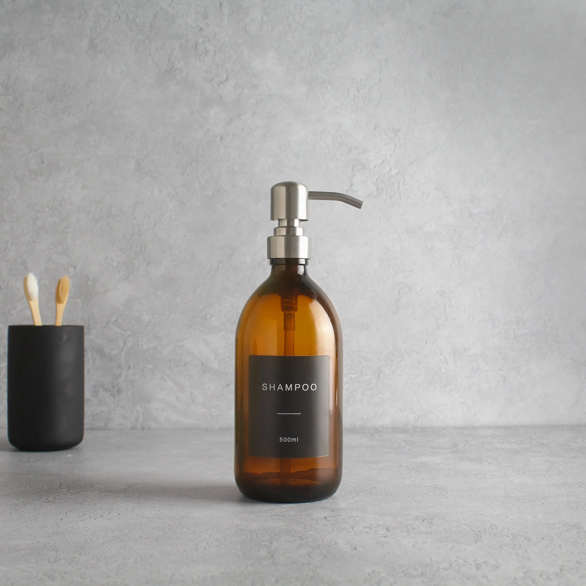 Labelled Amber Glass Dispenser Bottle With Silver Pump - Image 4