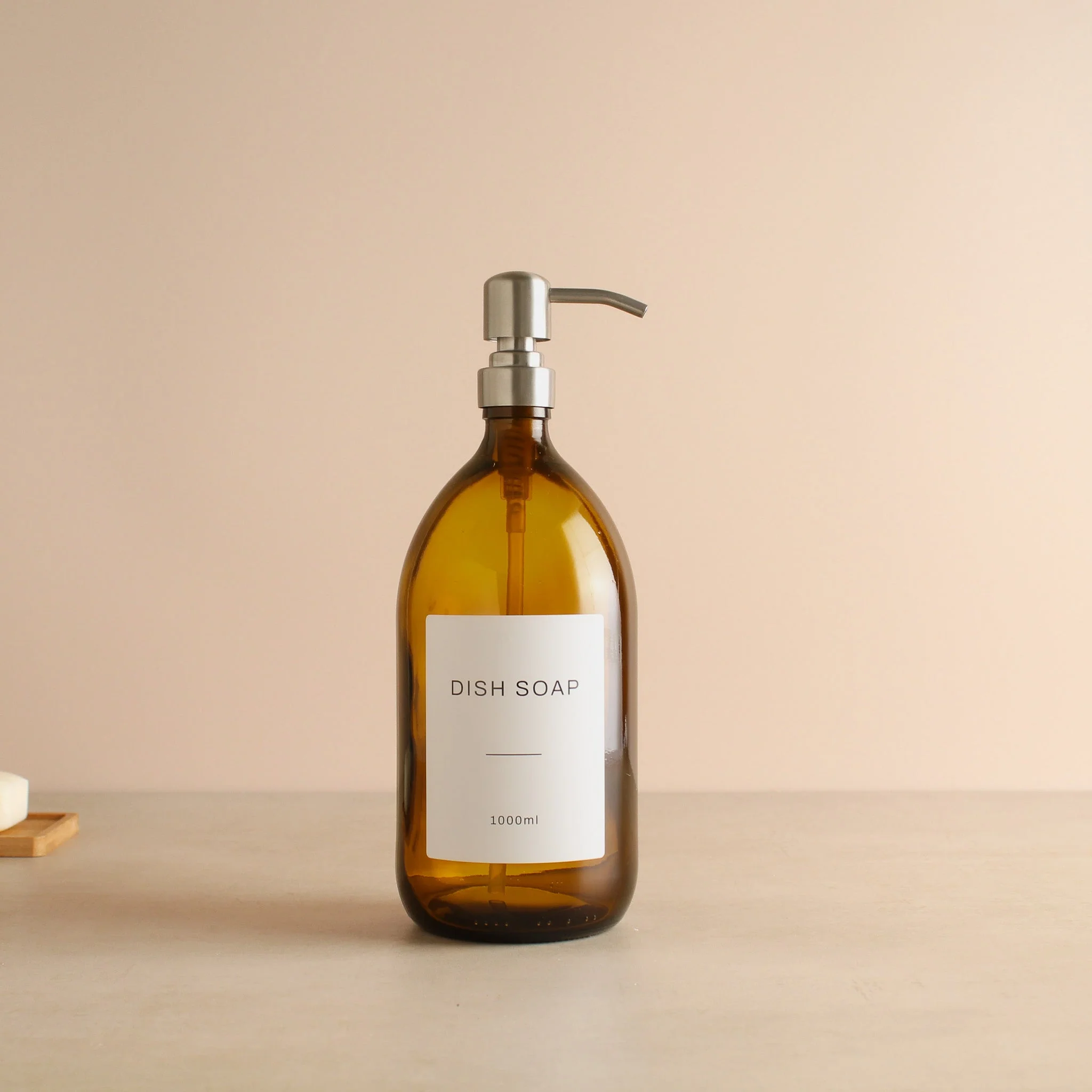 Labelled Amber Glass Dispenser Bottle With Silver Pump - Image 4