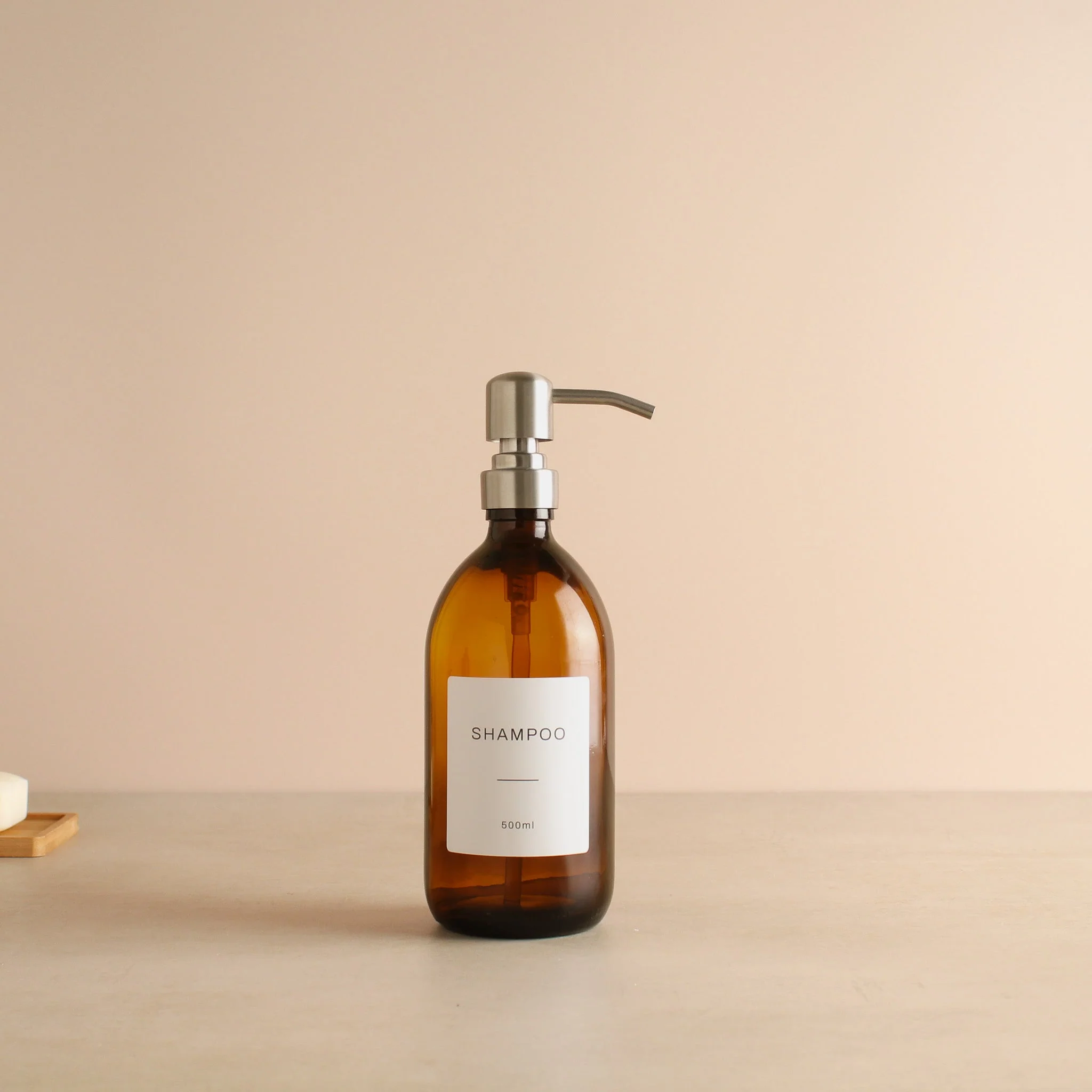 Labelled Amber Glass Dispenser Bottle With Silver Pump - Image 5