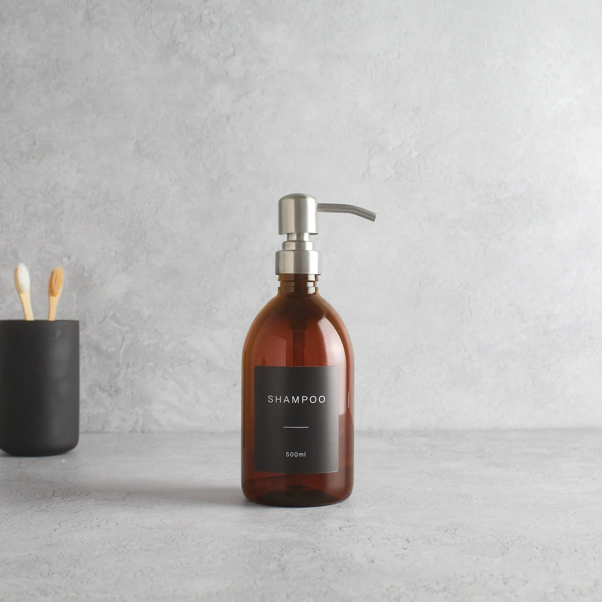 Labelled Amber Plastic Dispenser Bottle With Silver Pump - Image 4