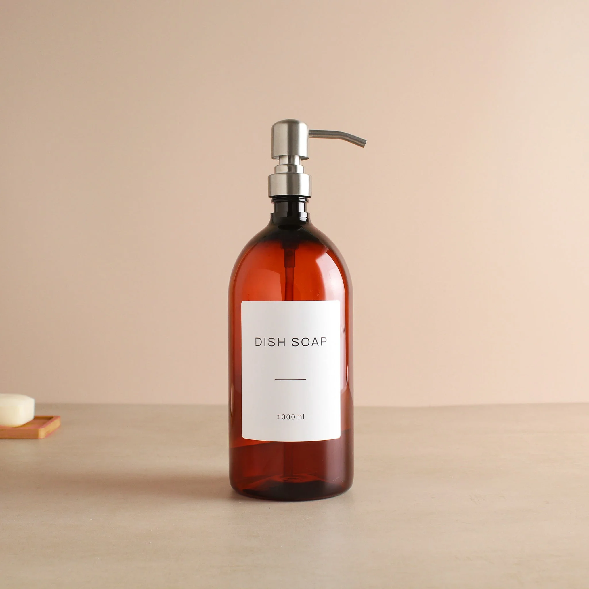 Labelled Amber Plastic Dispenser Bottle With Silver Pump - Image 3