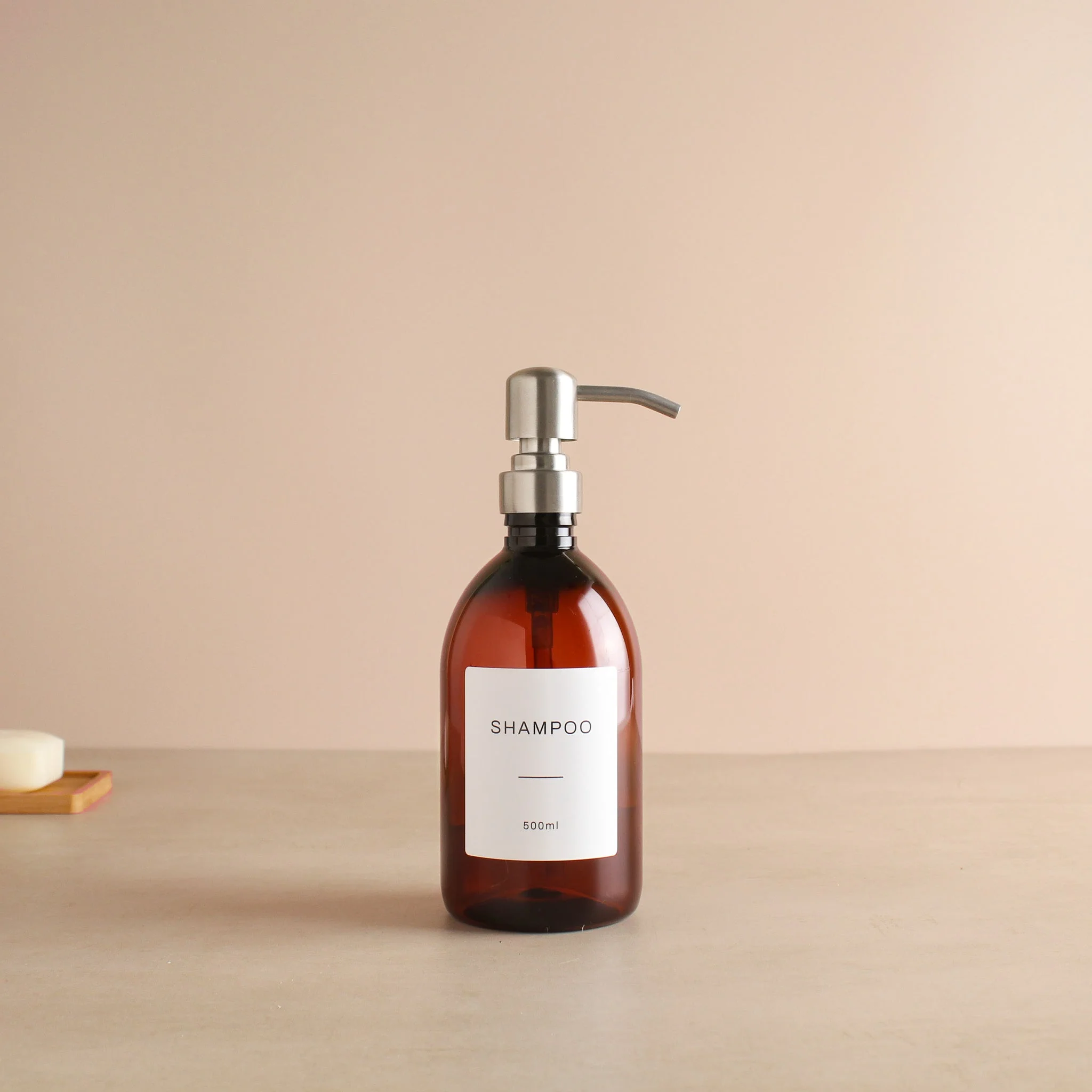 Labelled Amber Plastic Dispenser Bottle With Silver Pump - Image 4