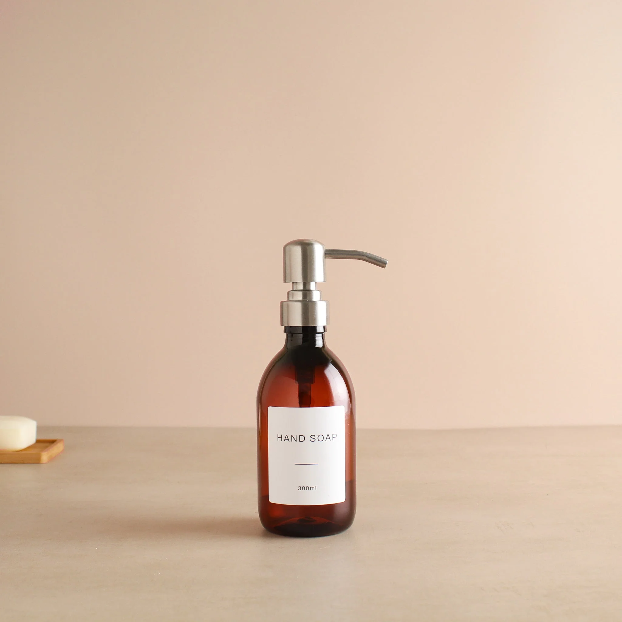 Labelled Amber Plastic Dispenser Bottle With Silver Pump - Image 5