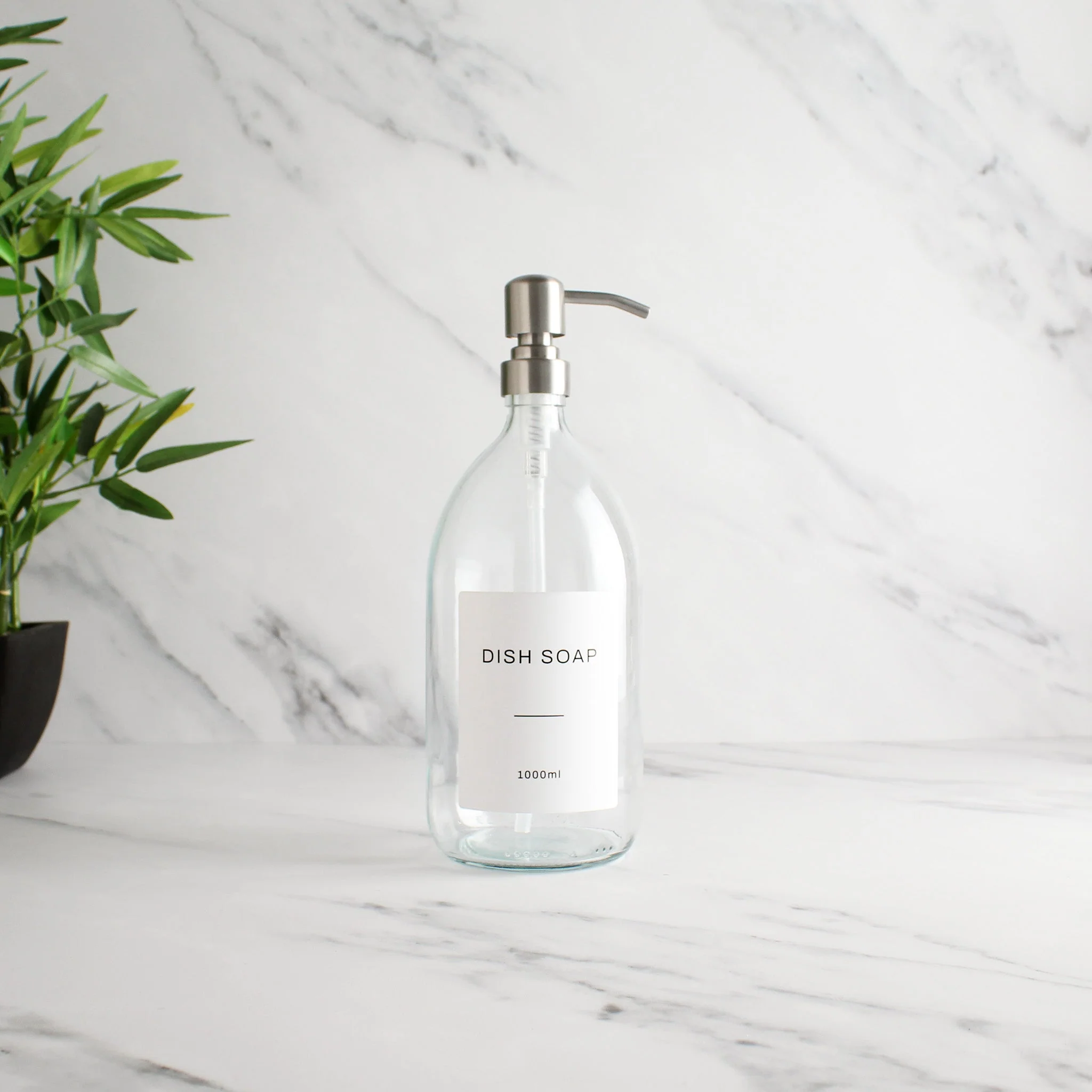 Labelled Clear Glass Dispenser Bottle With Silver Pump - Image 3