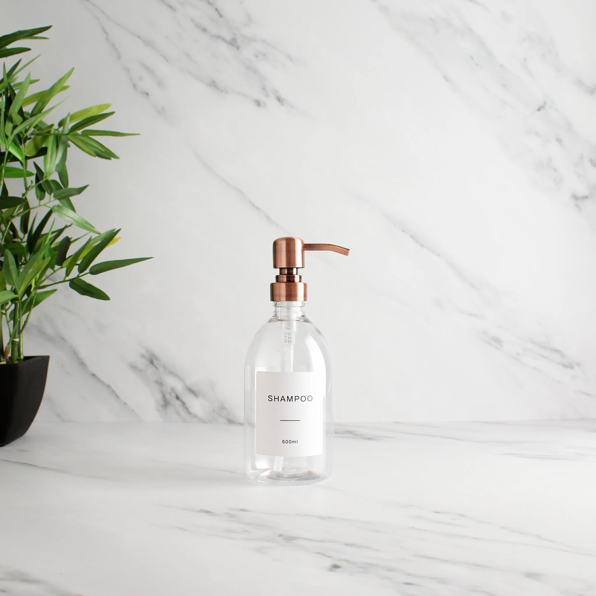 Labelled Clear Plastic Dispenser Bottle With Rose Gold Pump - Image 3