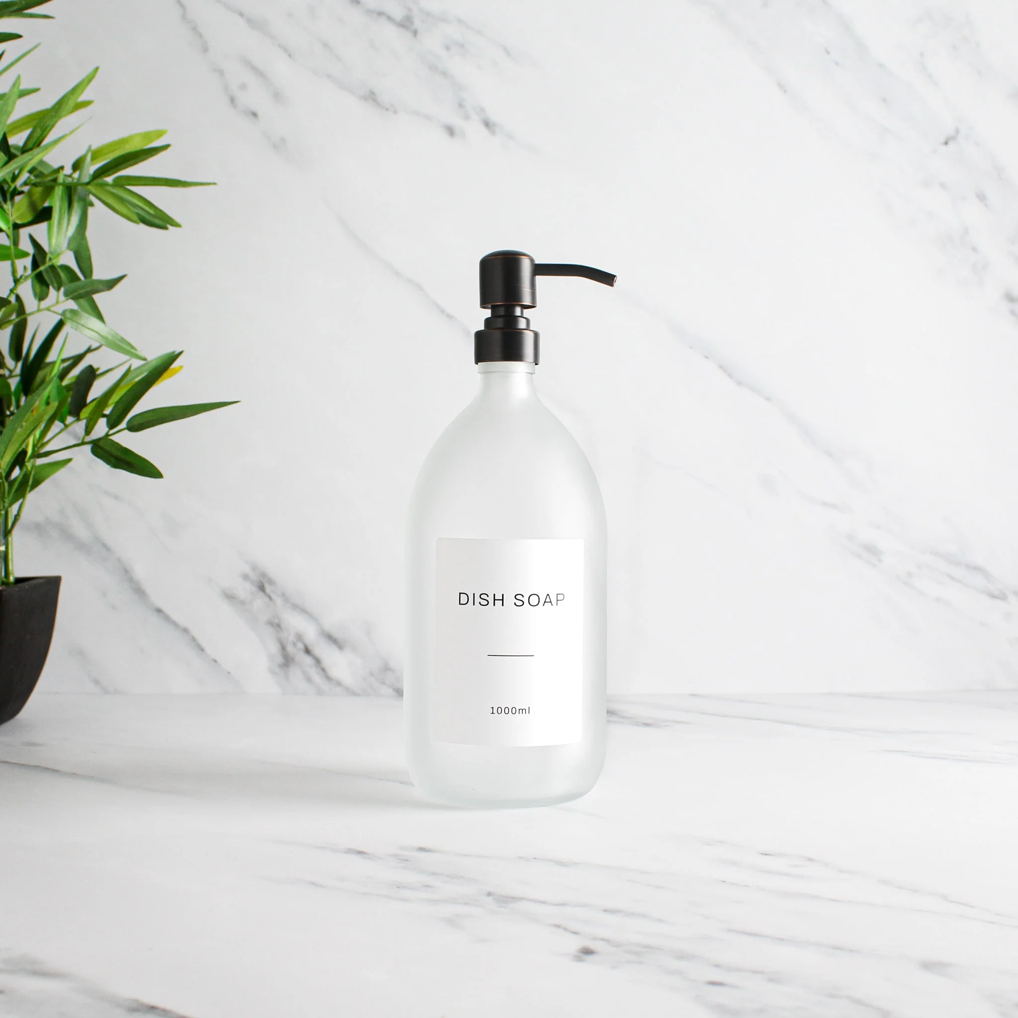Labelled Frosted White Glass Dispenser Bottle With Black/Copper Pump - Image 3