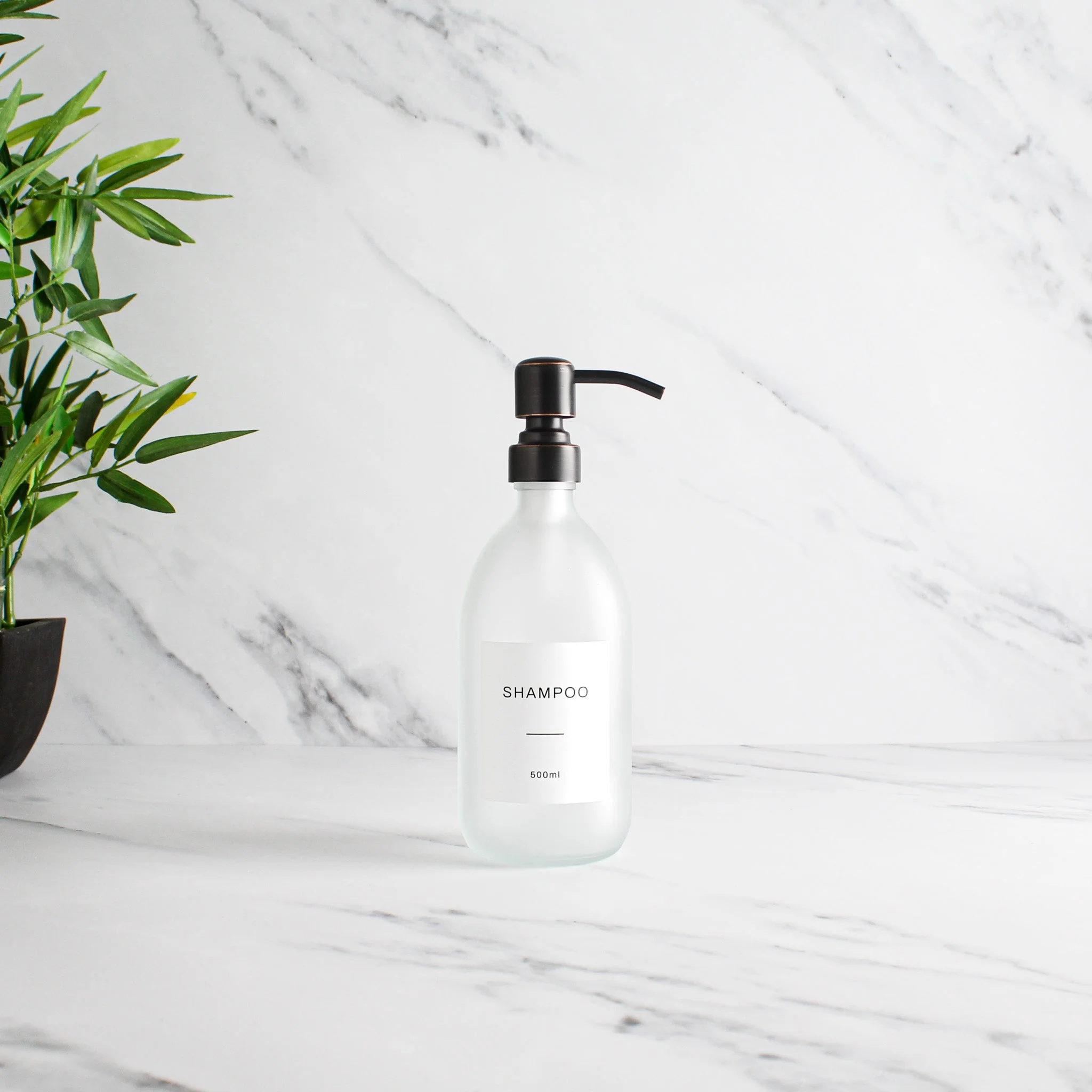 Labelled Frosted White Glass Dispenser Bottle With Black/Copper Pump - Image 4