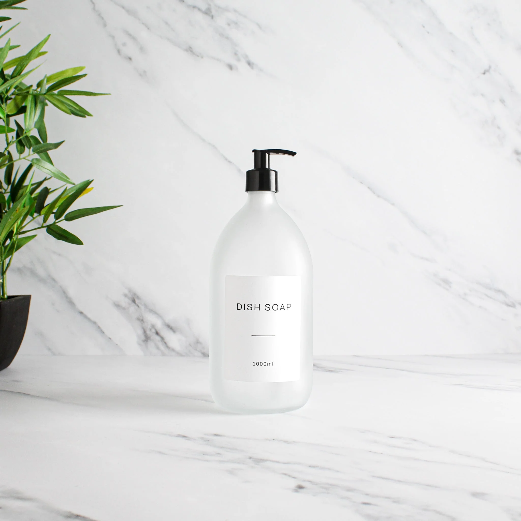 Labelled Frosted White Glass Dispenser Bottle With Black Pump - Image 3