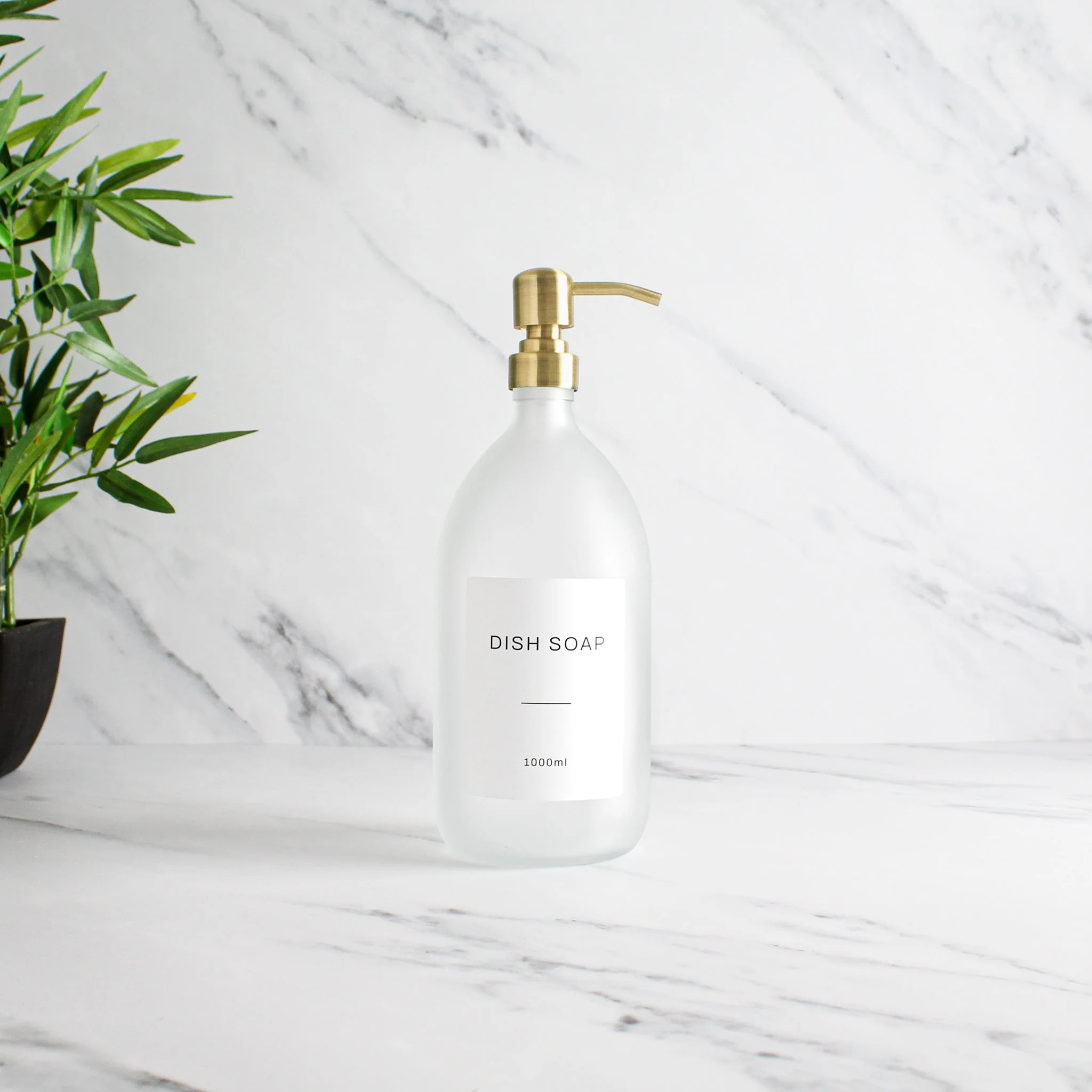 Labelled Frosted White Glass Dispenser Bottle With Gold Pump - Image 3