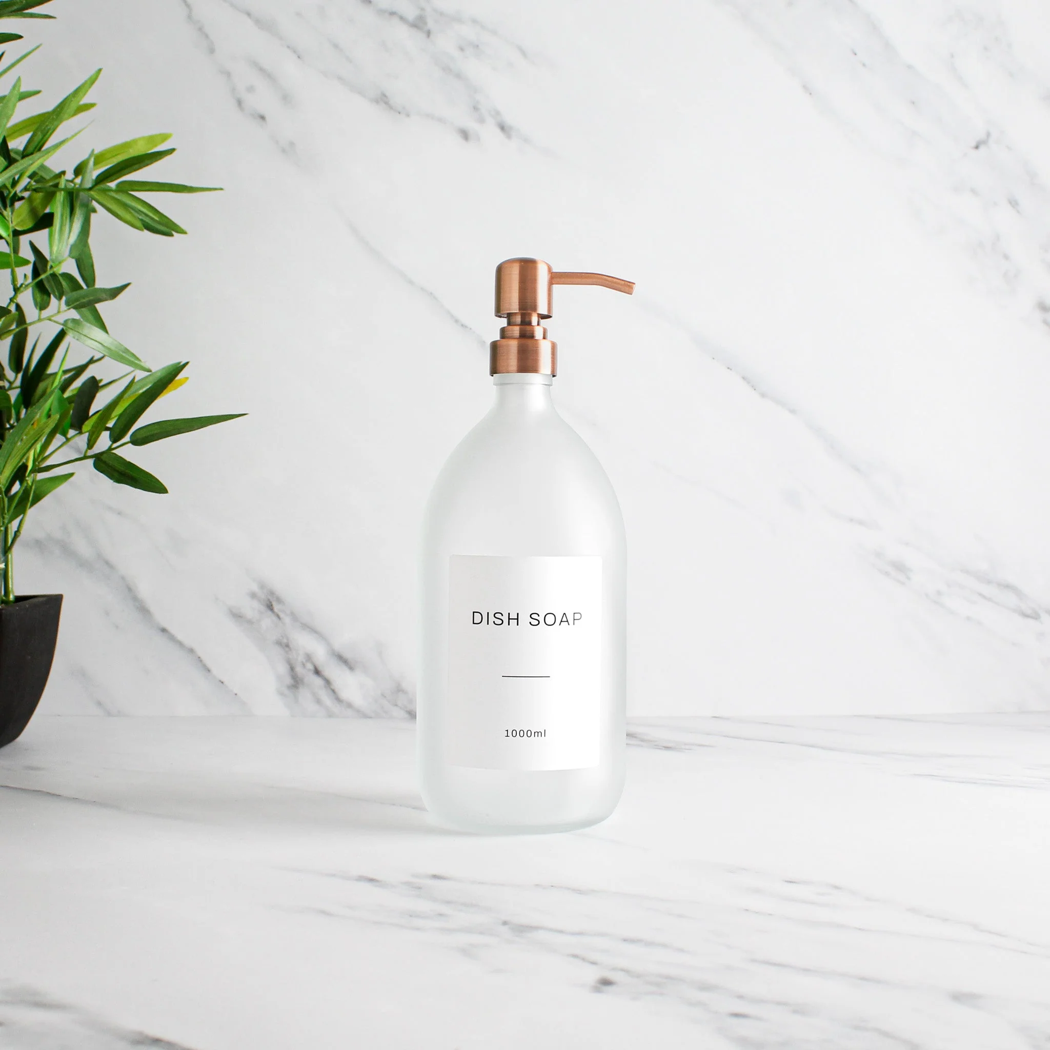 Labelled Frosted White Glass Dispenser Bottle With Rose Gold Pump - Image 3
