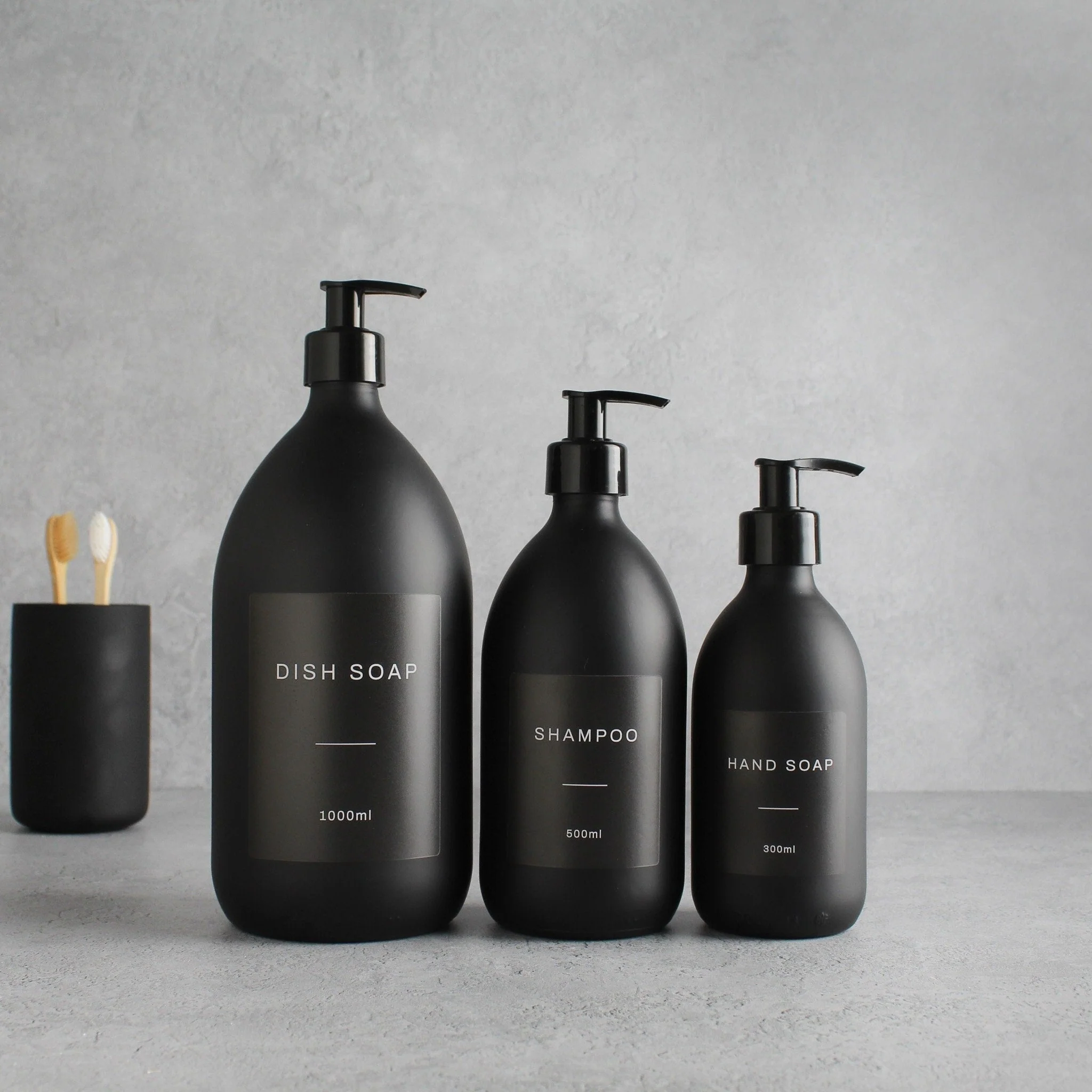 Labelled Matte Black Glass Dispenser Bottle With Black Pump - Image 2