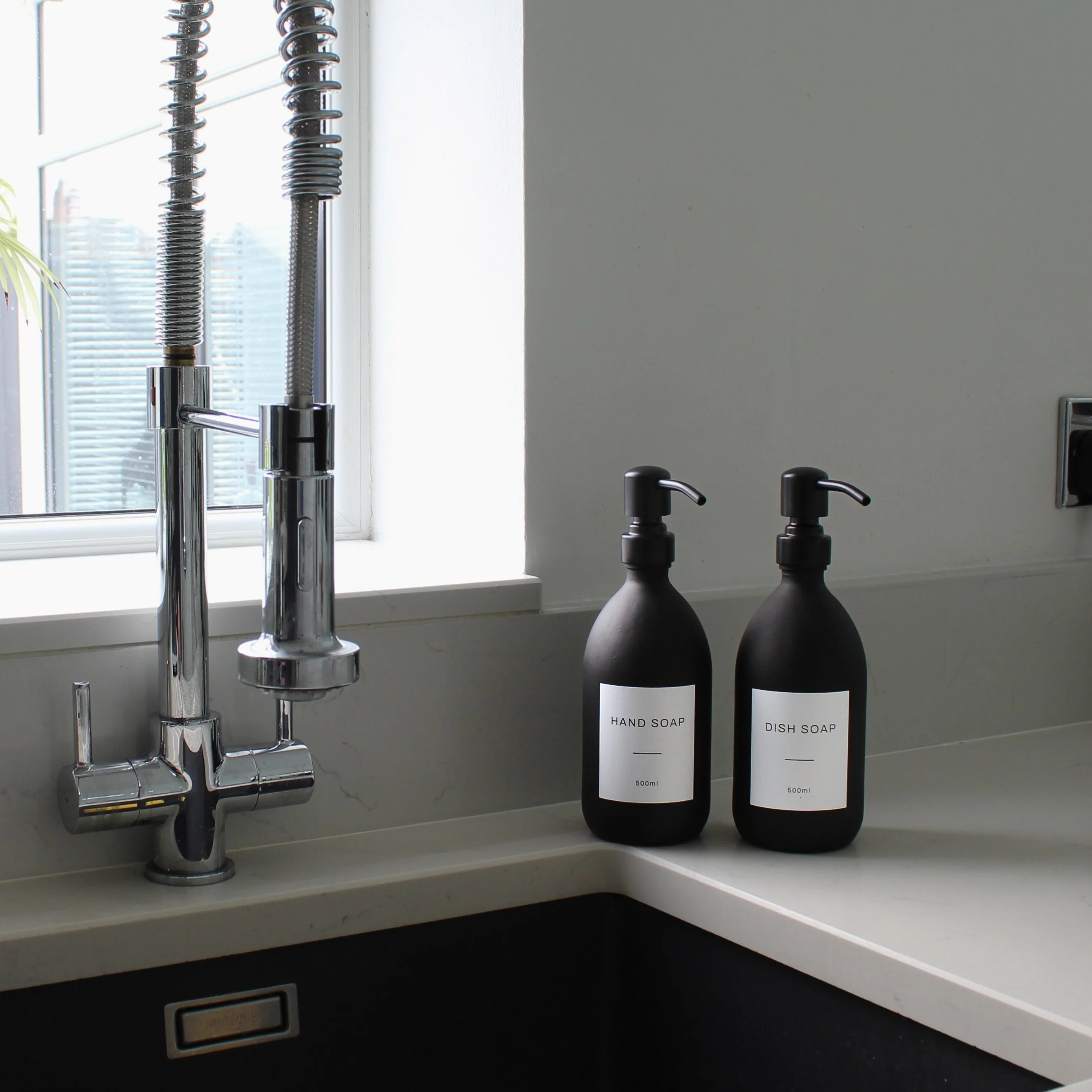 Labelled Matte Black Glass Dispenser Bottle With Matte Black Pump - Image 4
