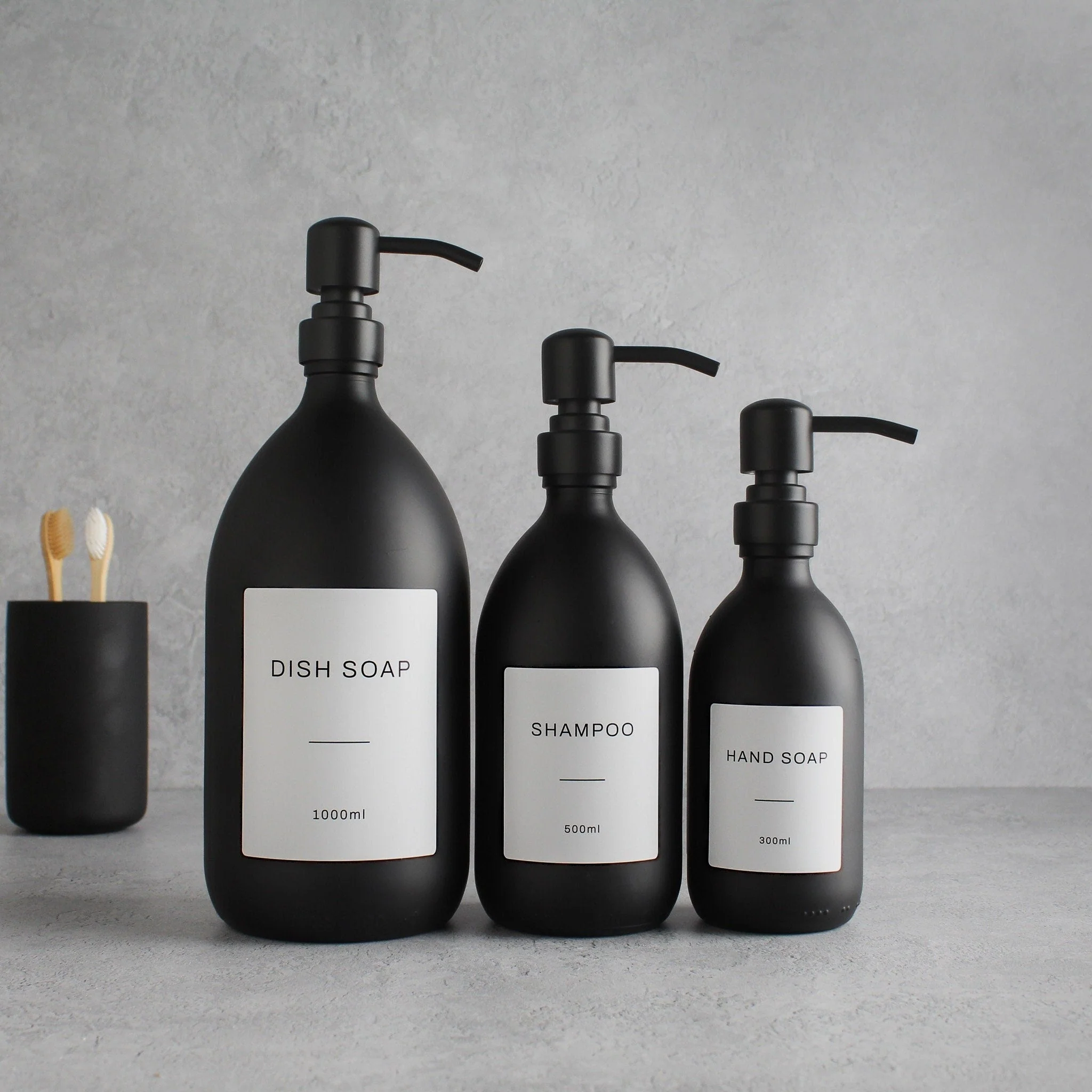 Labelled Matte Black Glass Dispenser Bottle With Matte Black Pump - Image 6