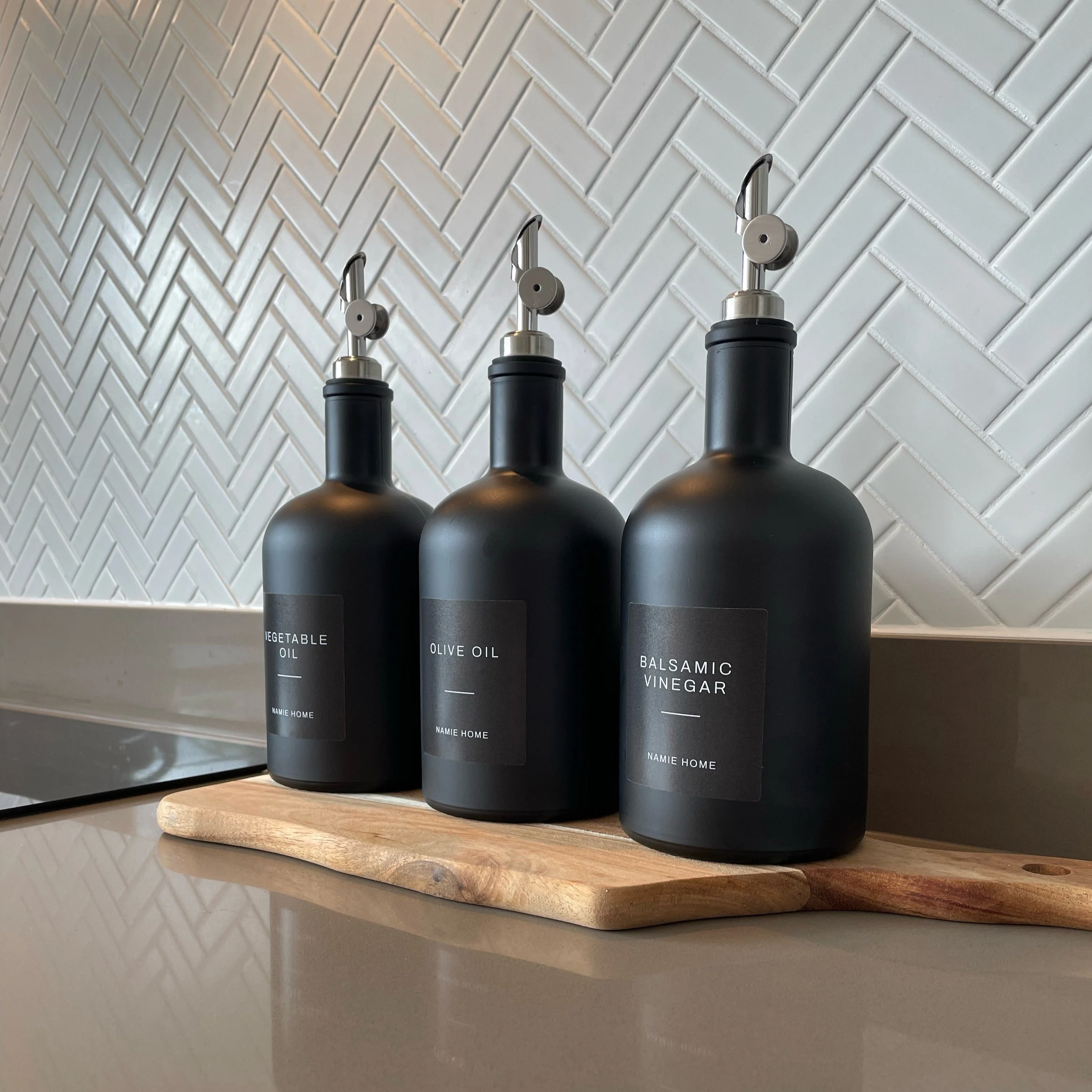 Matte Black Glass Tall Neck Oil Bottle With Label - Image 2