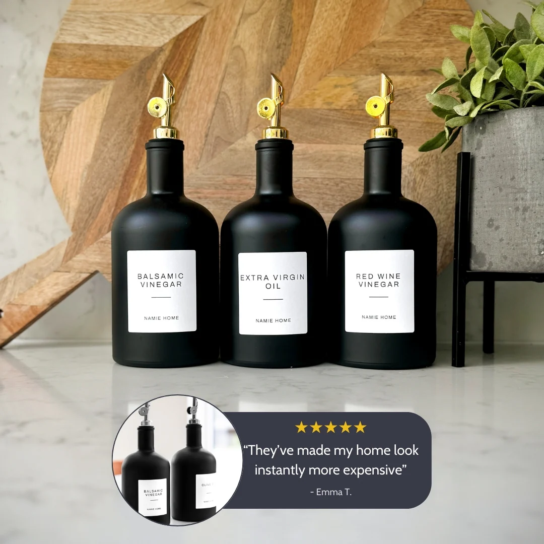 Matte Black Glass Tall Neck Oil Bottle With Label - Image 3