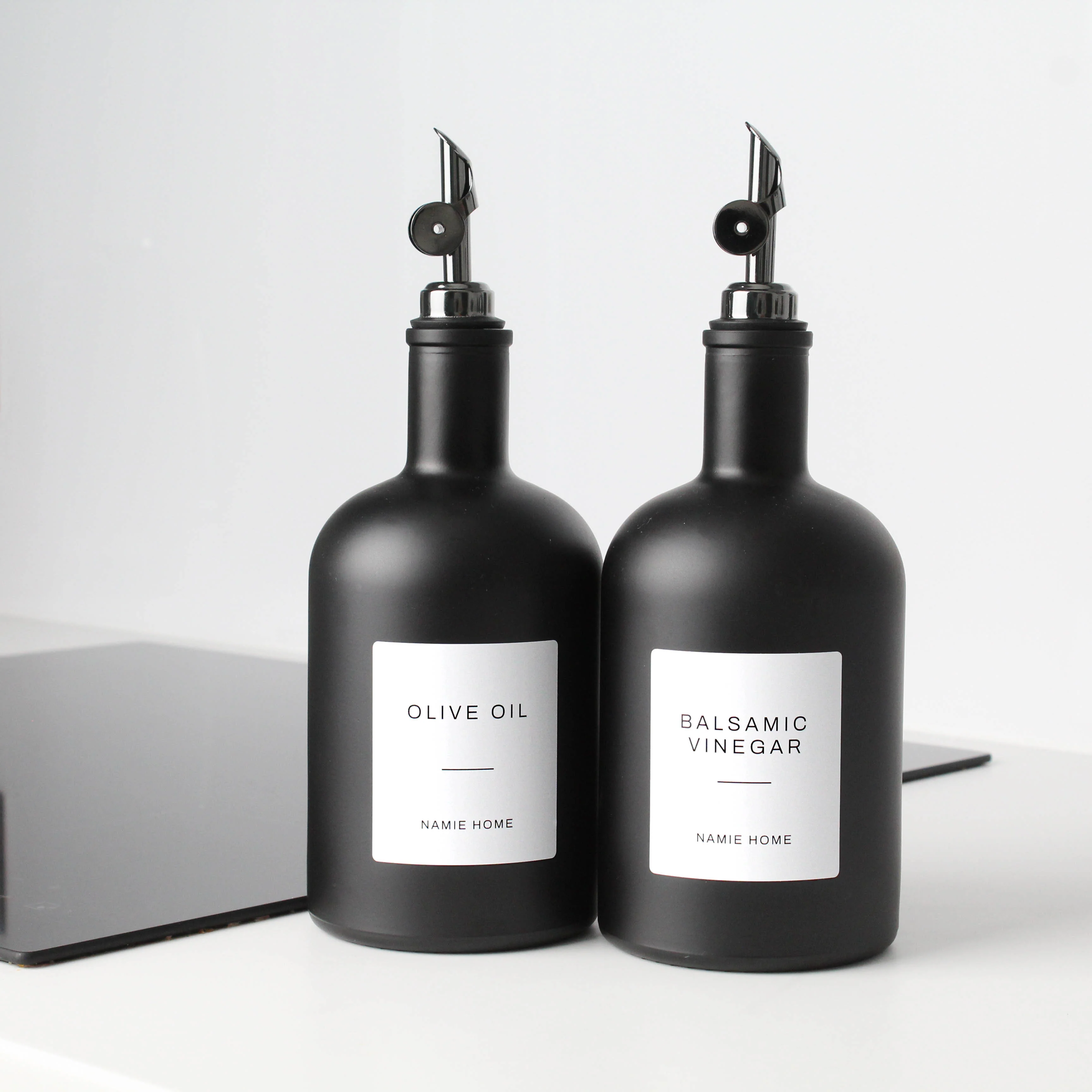Matte Black Glass Tall Neck Oil Bottle With Label - Image 4