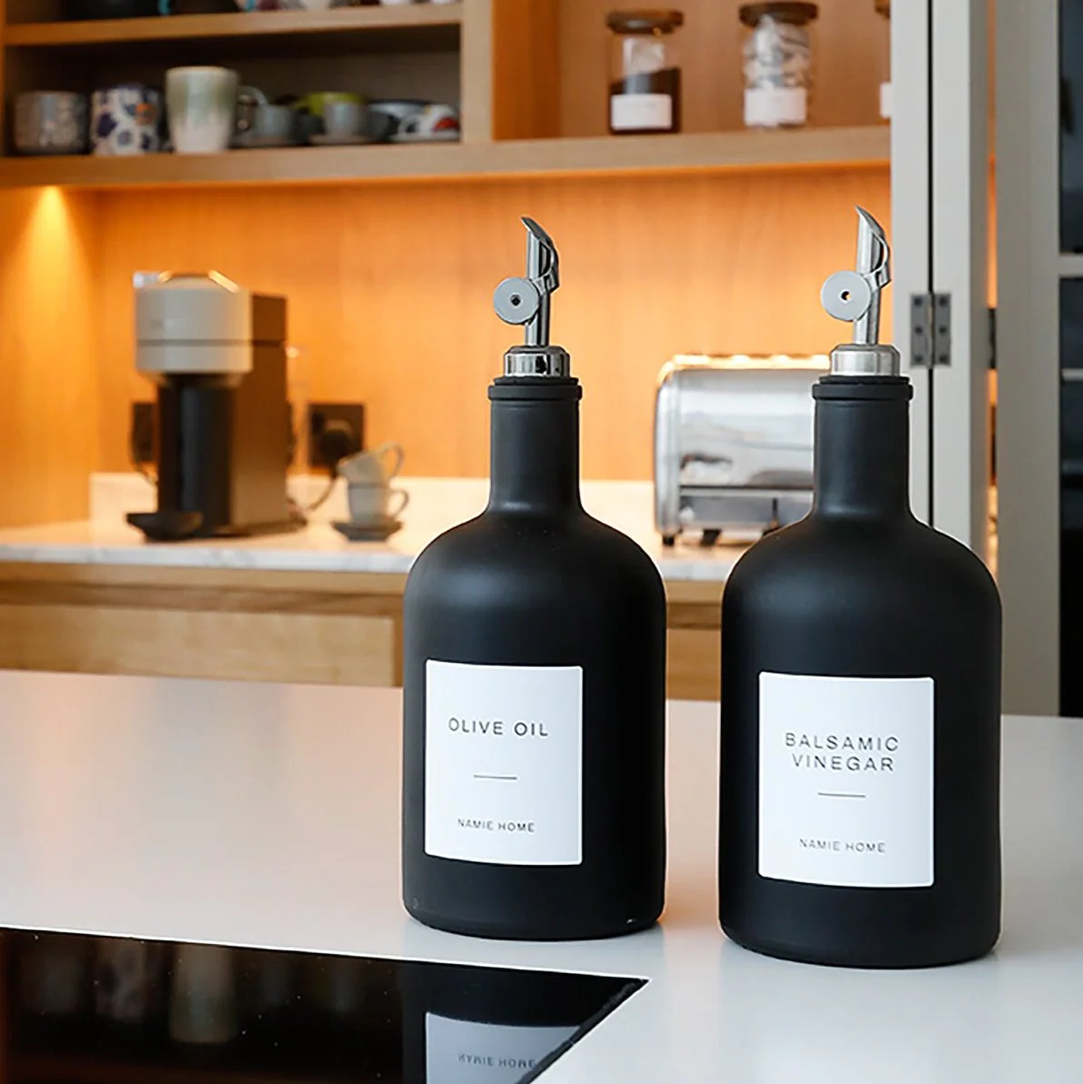 Matte Black Glass Tall Neck Oil Bottle With Label - Image 5