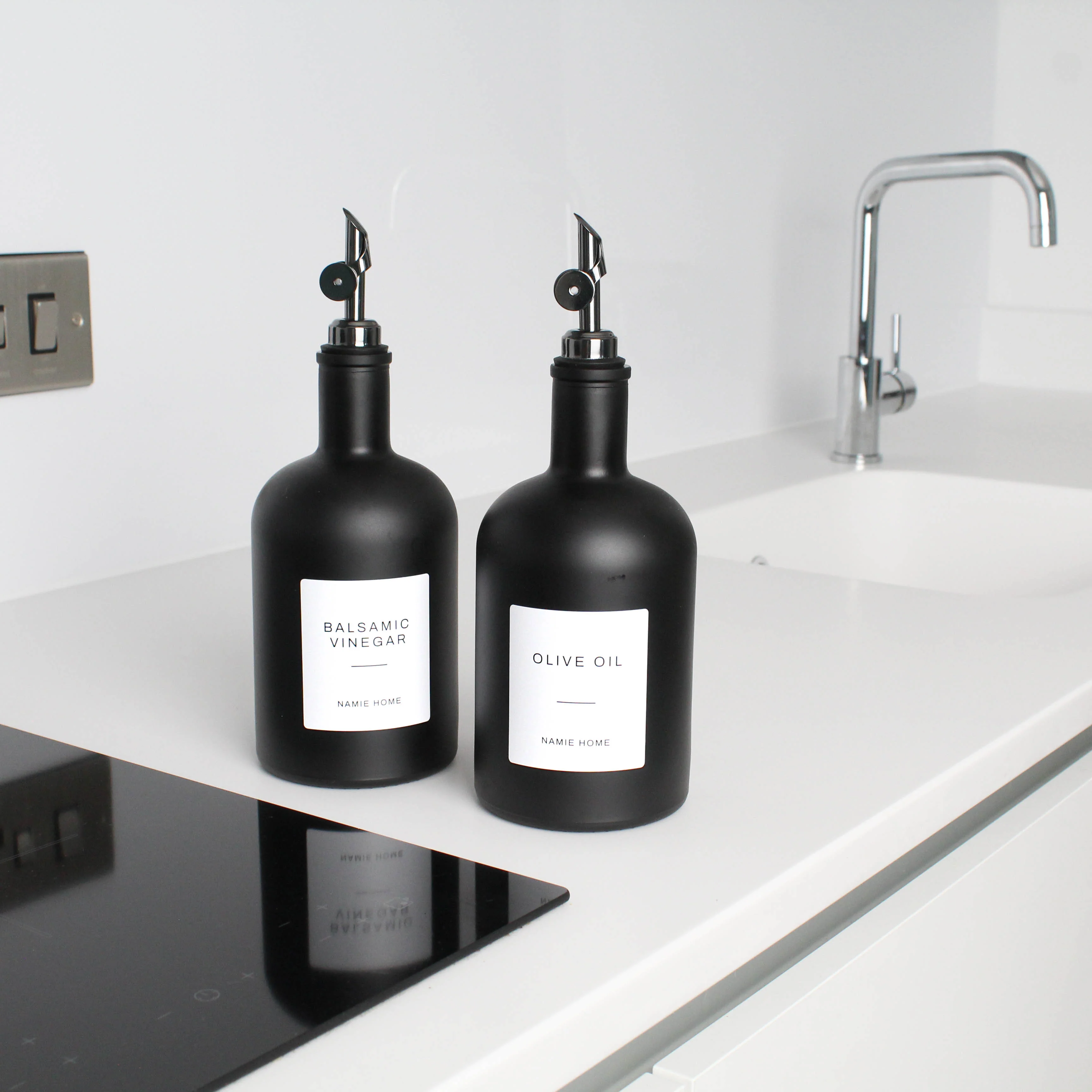 Matte Black Glass Tall Neck Oil Bottle With Label - Image 6