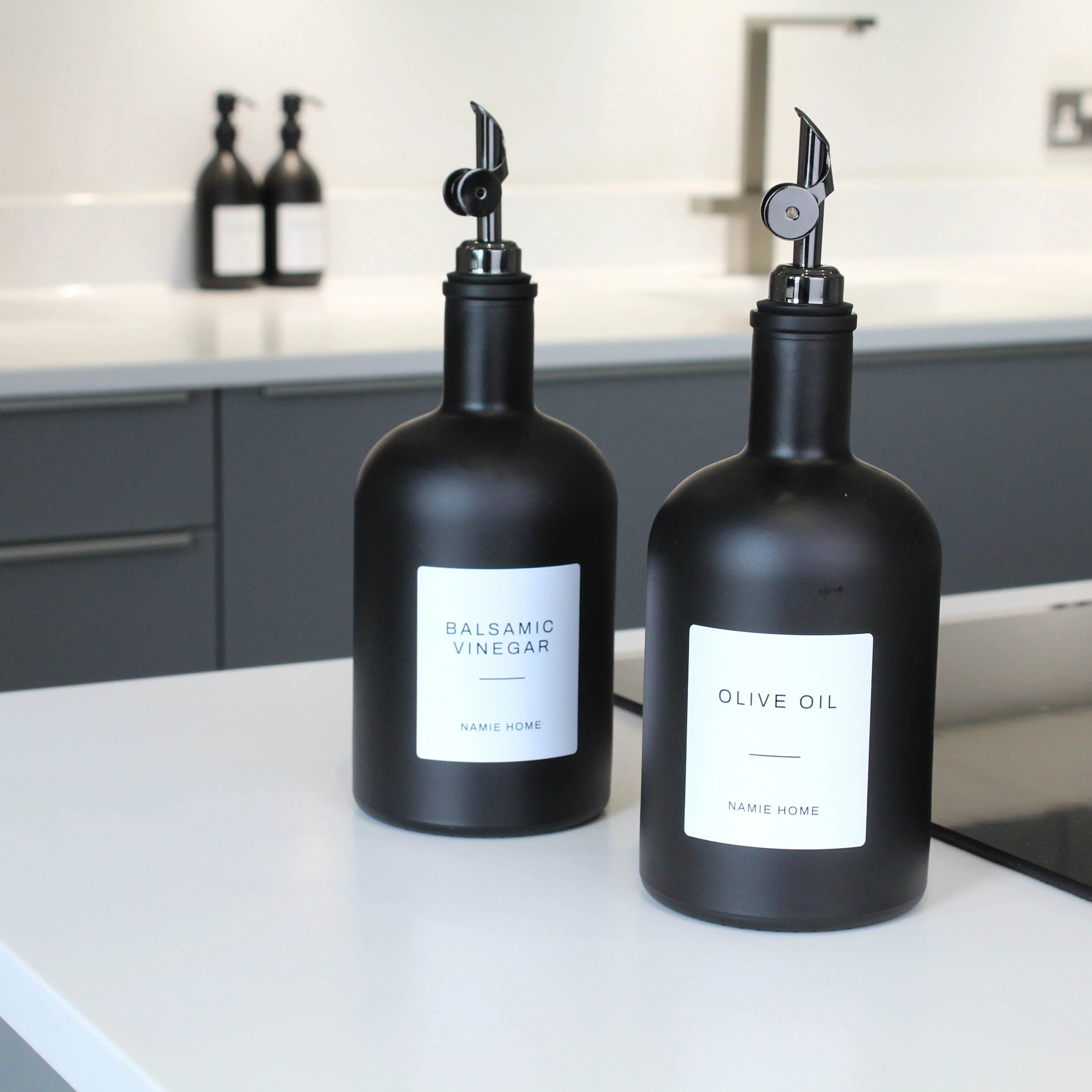 Matte Black Glass Tall Neck Oil Bottle With Label - Image 7