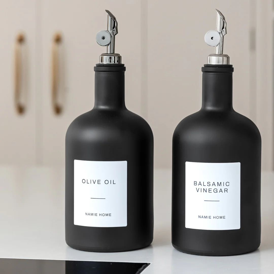 Matte Black Glass Tall Neck Oil Bottle With Label - Image 8
