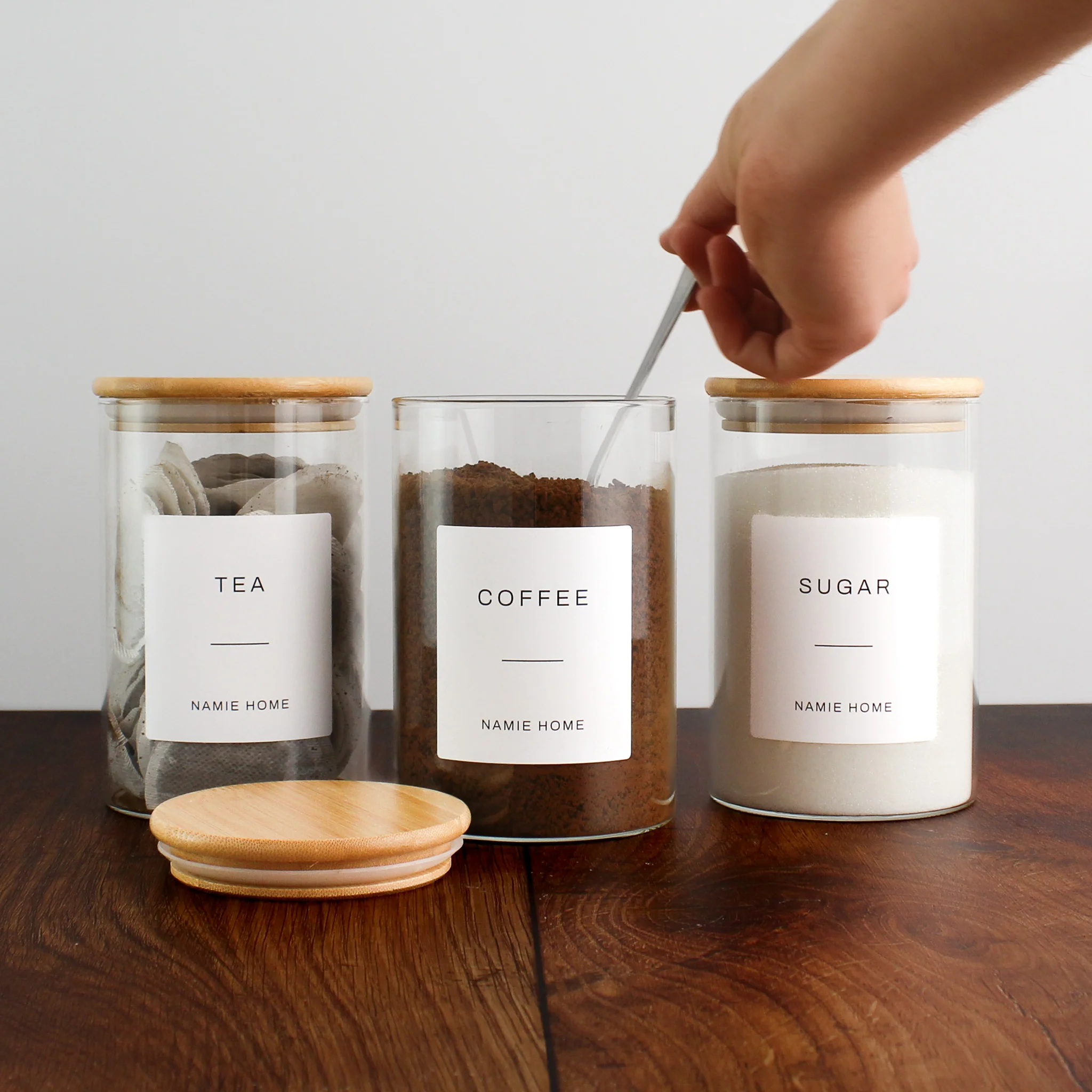 Tea Coffee Sugar Glass Storage Jar Set With Bamboo Lids - Image 10