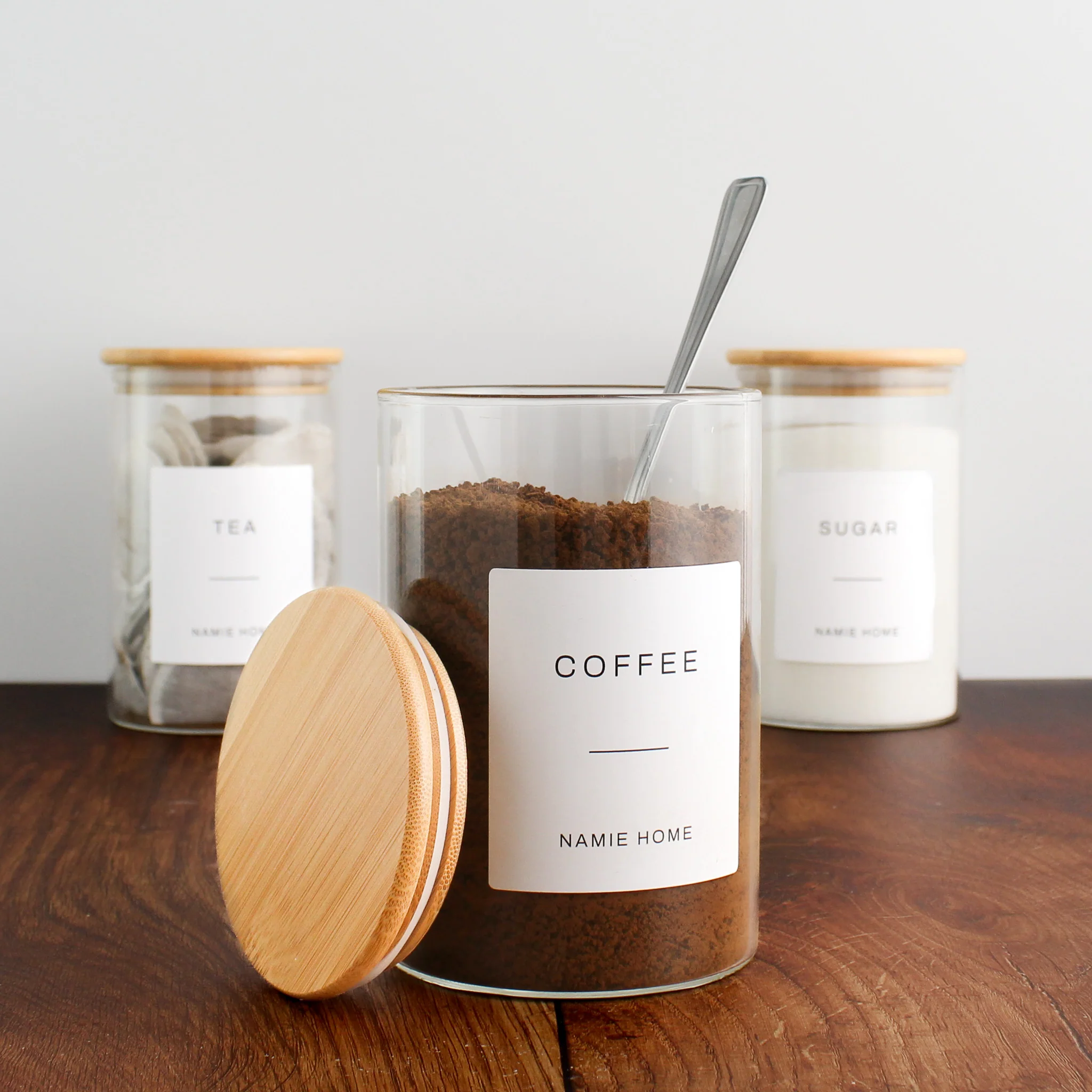 Tea Coffee Sugar Glass Storage Jar Set With Bamboo Lids - Image 11