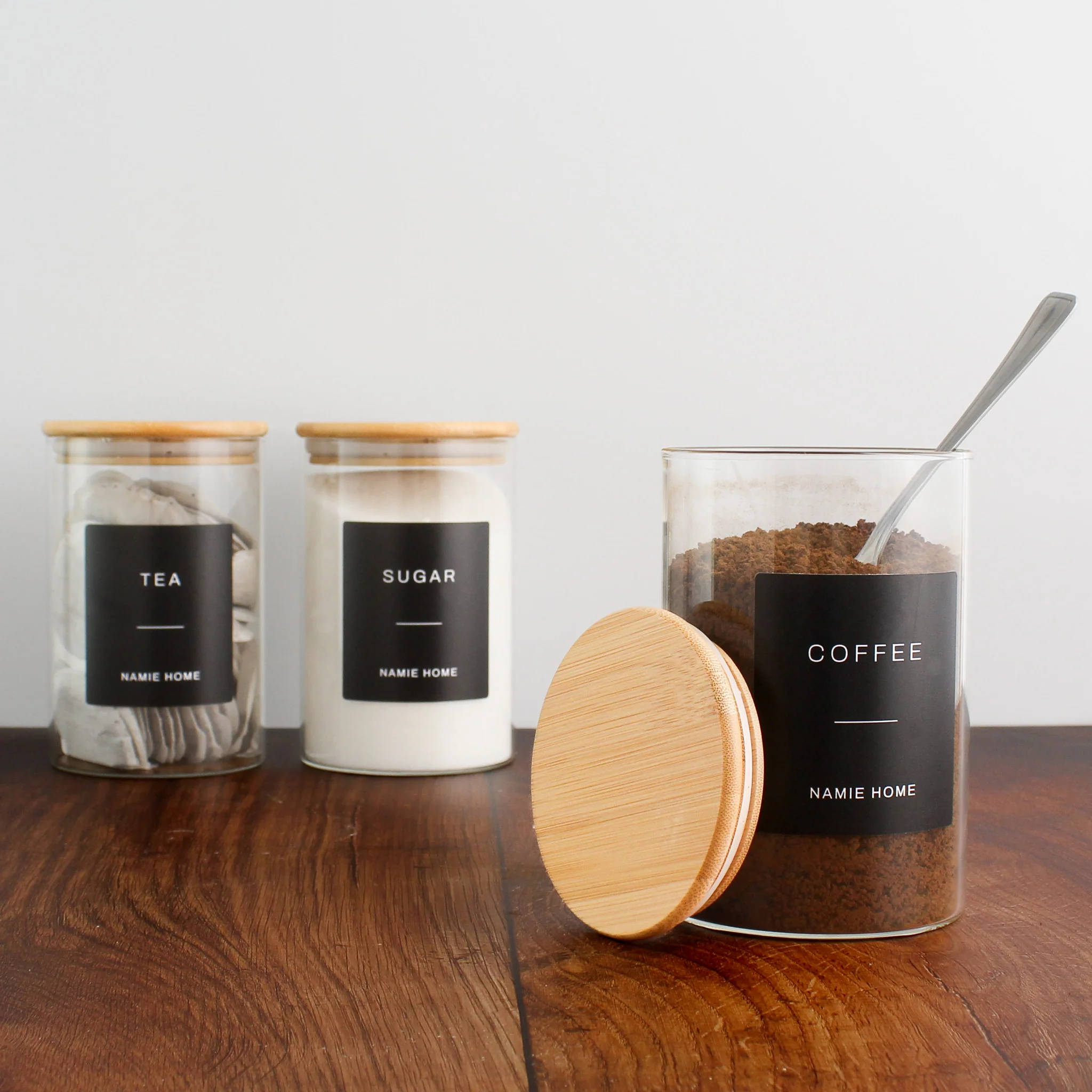 Tea Coffee Sugar Glass Storage Jar Set With Bamboo Lids - Image 13