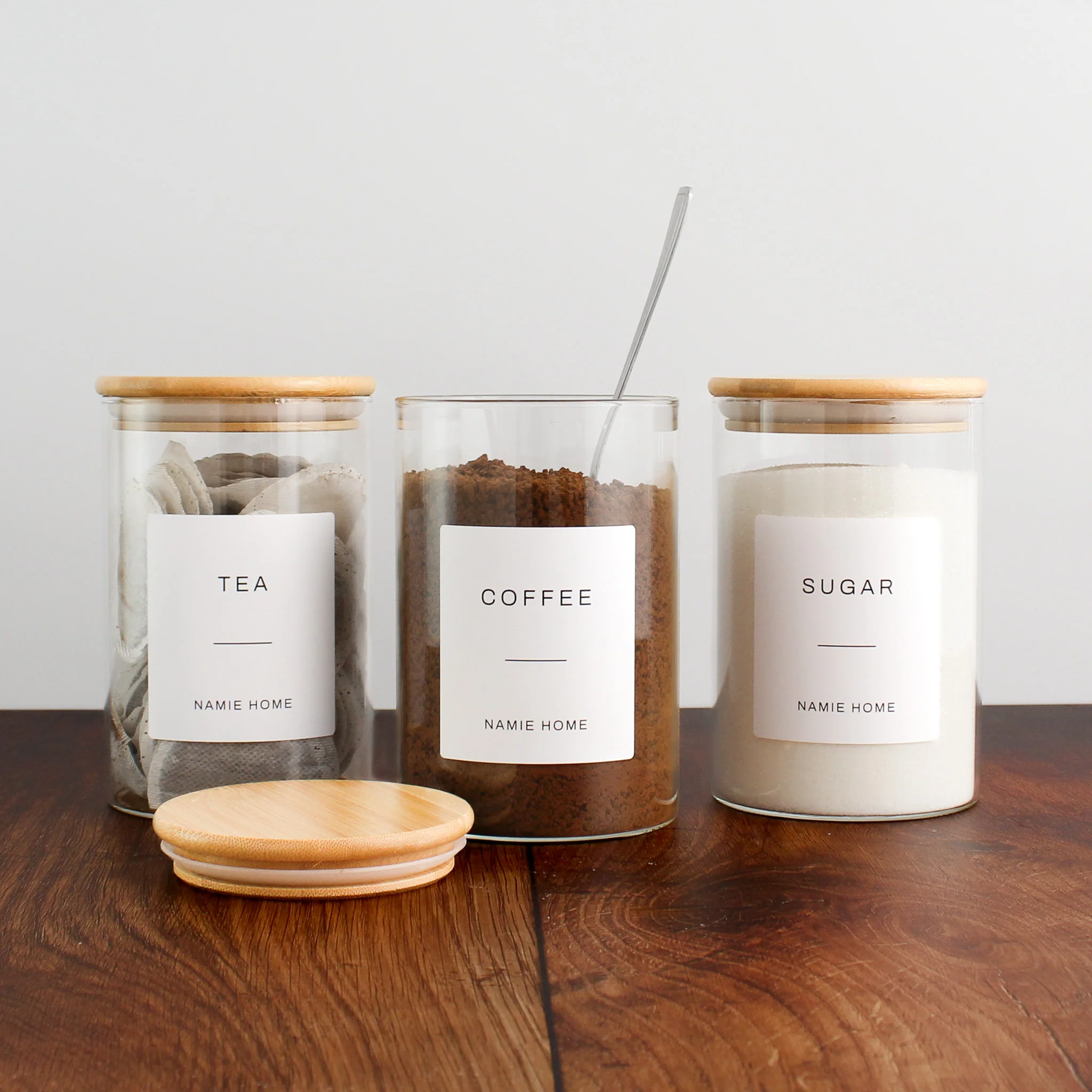 Tea Coffee Sugar Glass Storage Jar Set With Bamboo Lids - Image 5
