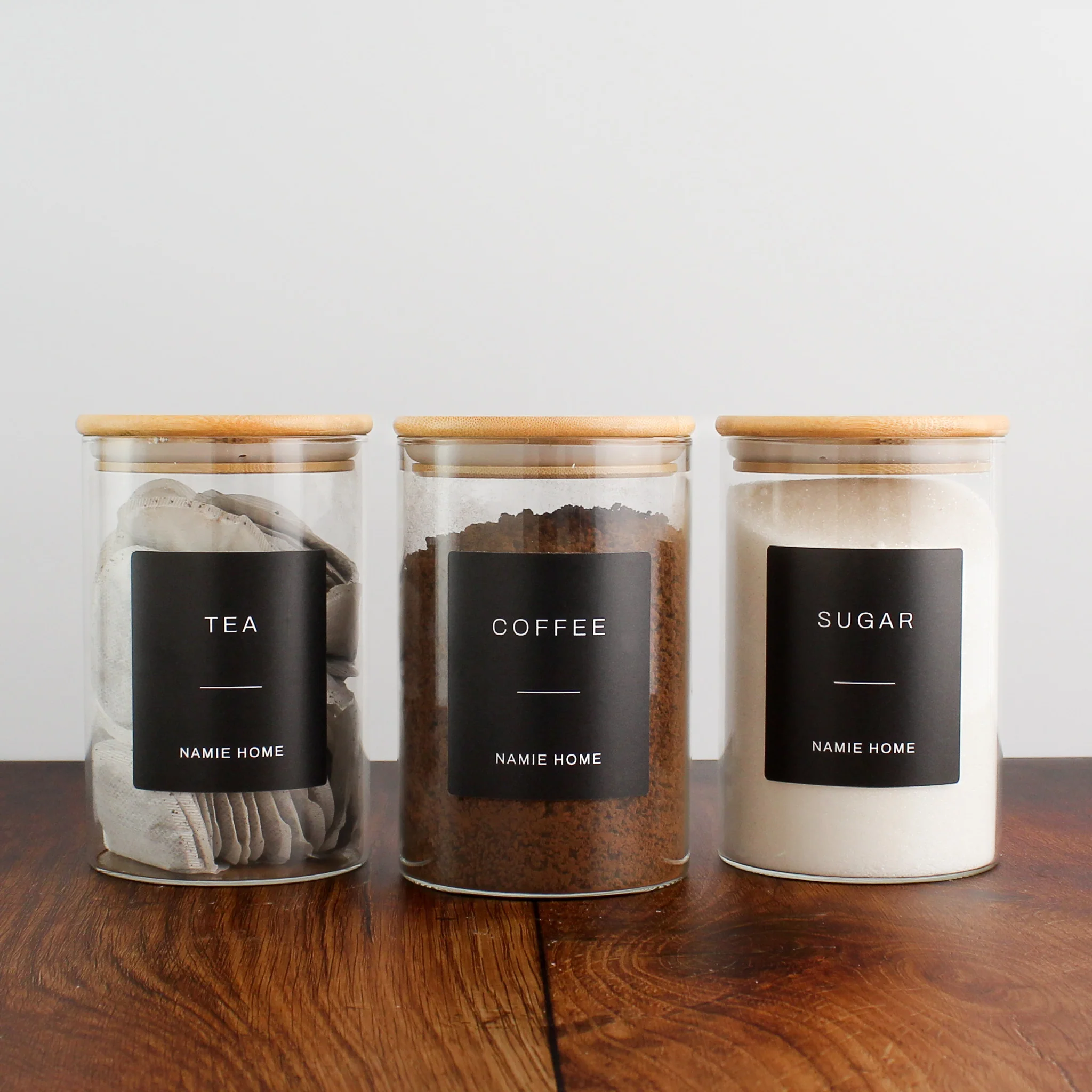 Tea Coffee Sugar Glass Storage Jar Set With Bamboo Lids - Image 6