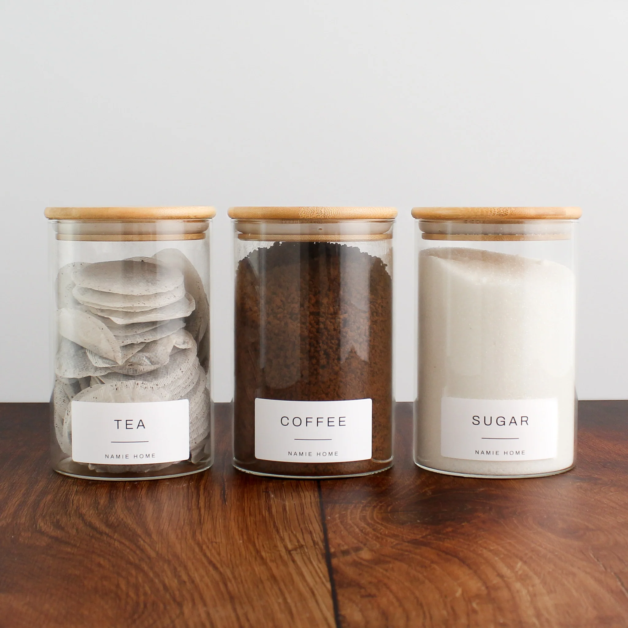Tea Coffee Sugar Glass Storage Jar Set With Bamboo Lids - Image 7