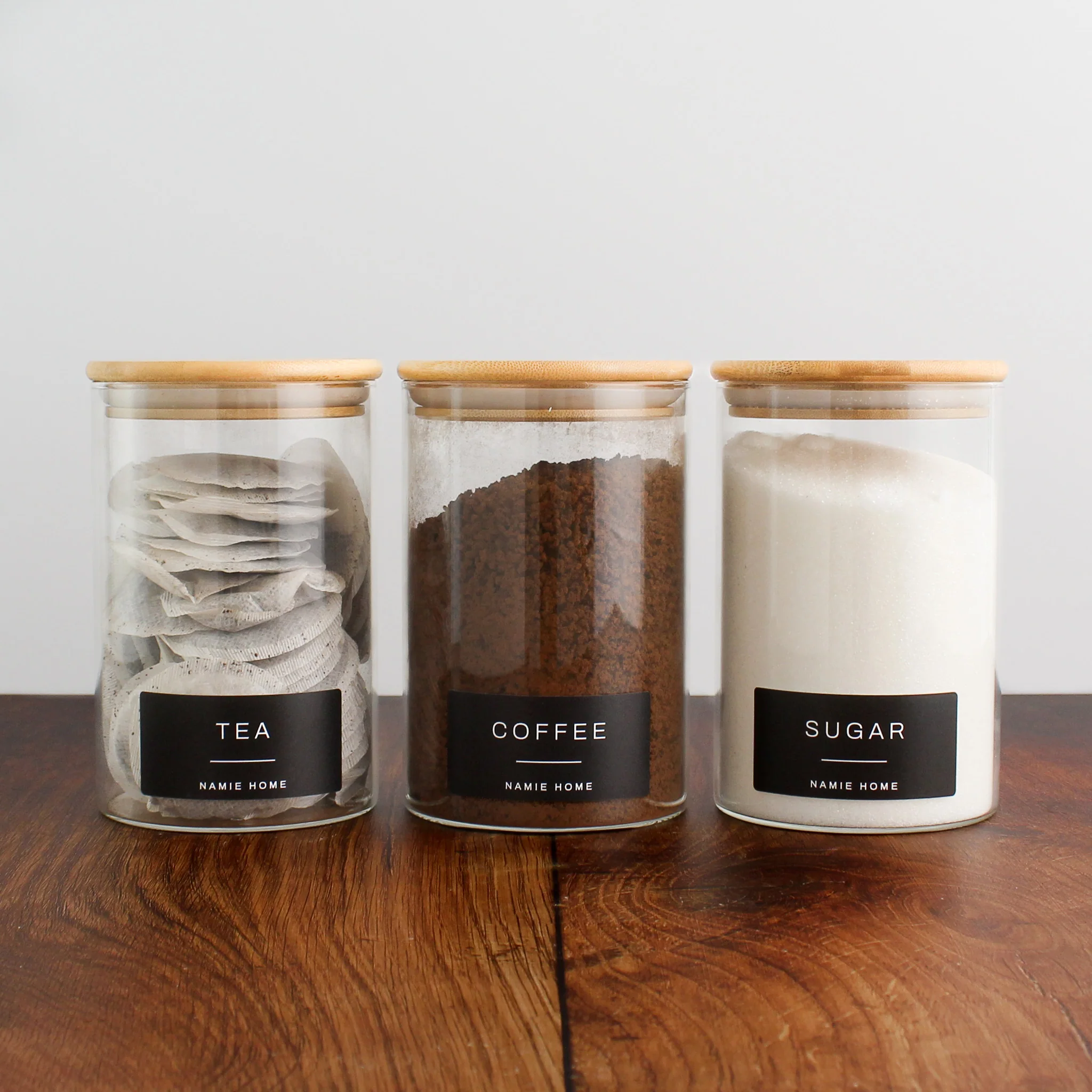 Tea Coffee Sugar Glass Storage Jar Set With Bamboo Lids - Image 8