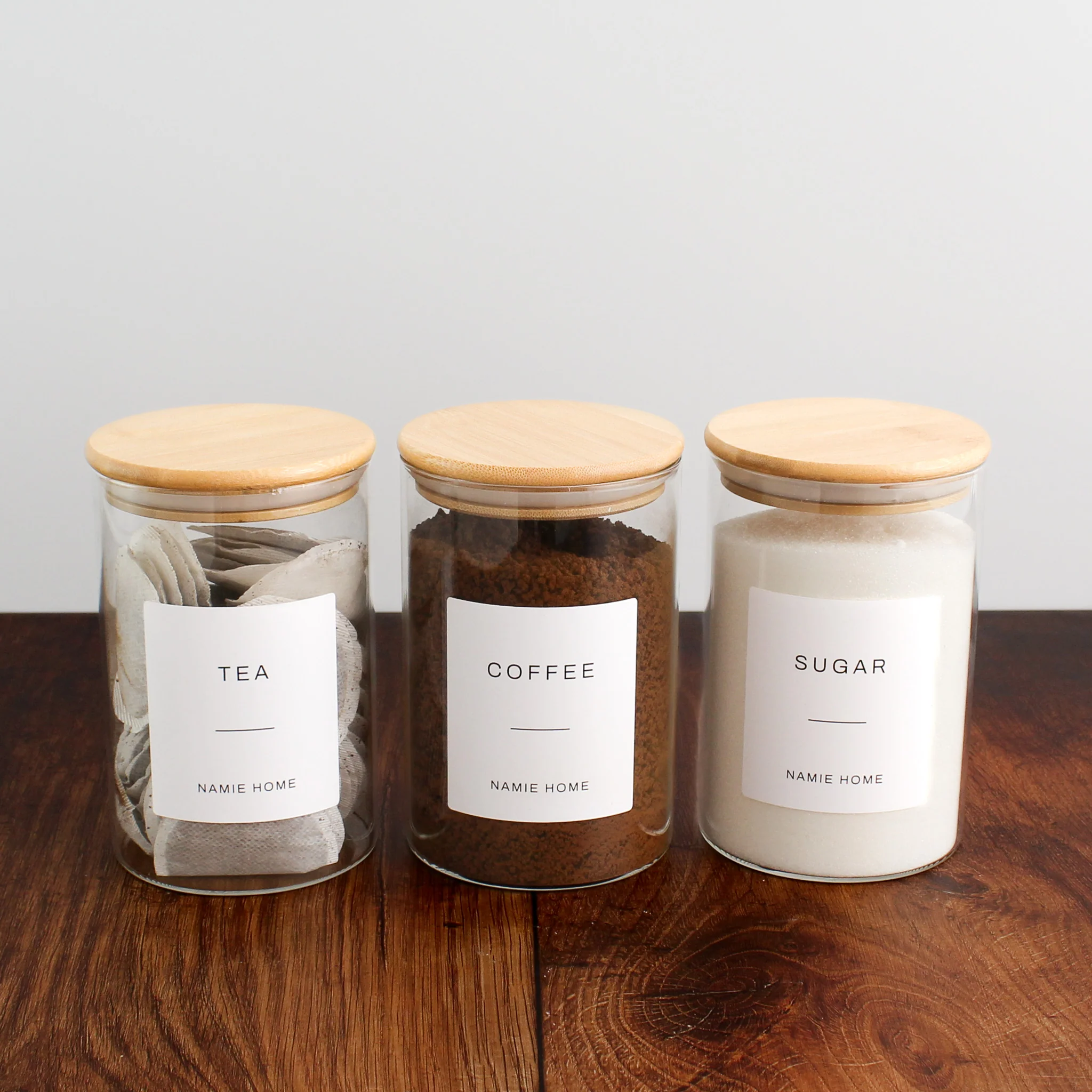 Tea Coffee Sugar Glass Storage Jar Set With Bamboo Lids - Image 9