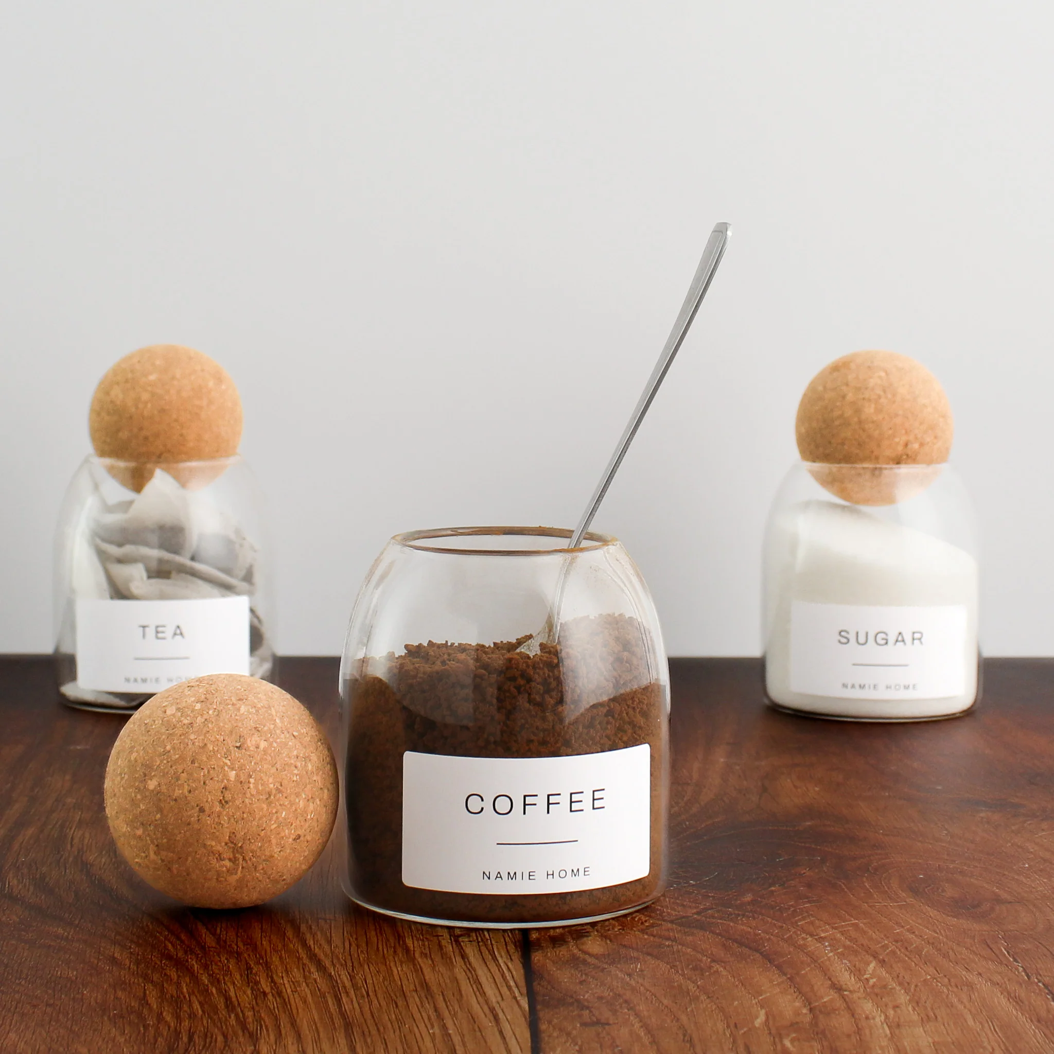 Tea Coffee Sugar Cork Ball Glass Storage Jar Set - Image 11