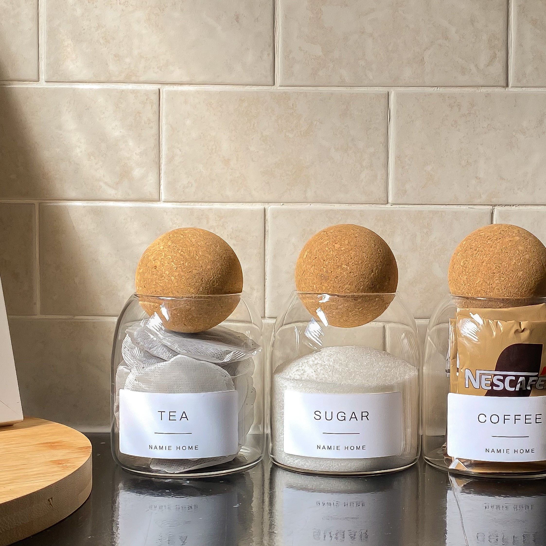 Tea Coffee Sugar Cork Ball Glass Storage Jar Set - Image 2