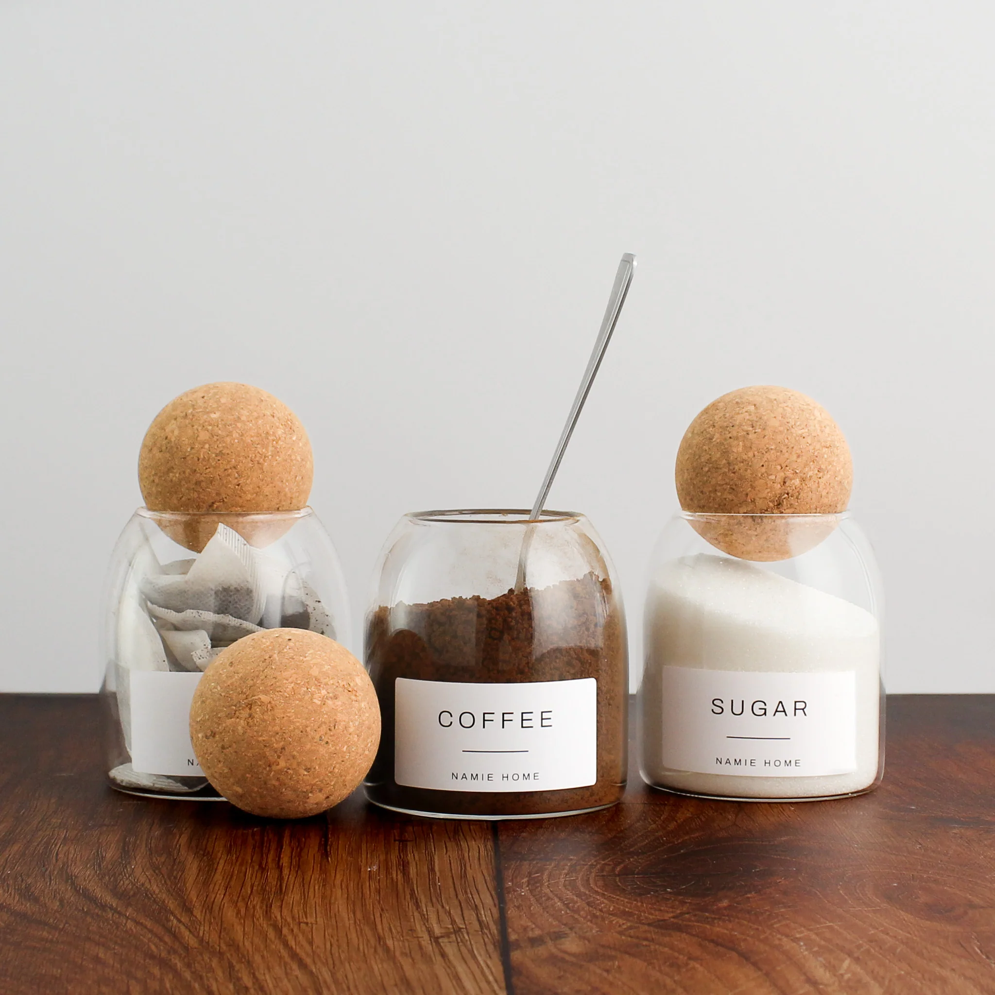 Tea Coffee Sugar Cork Ball Glass Storage Jar Set - Image 4