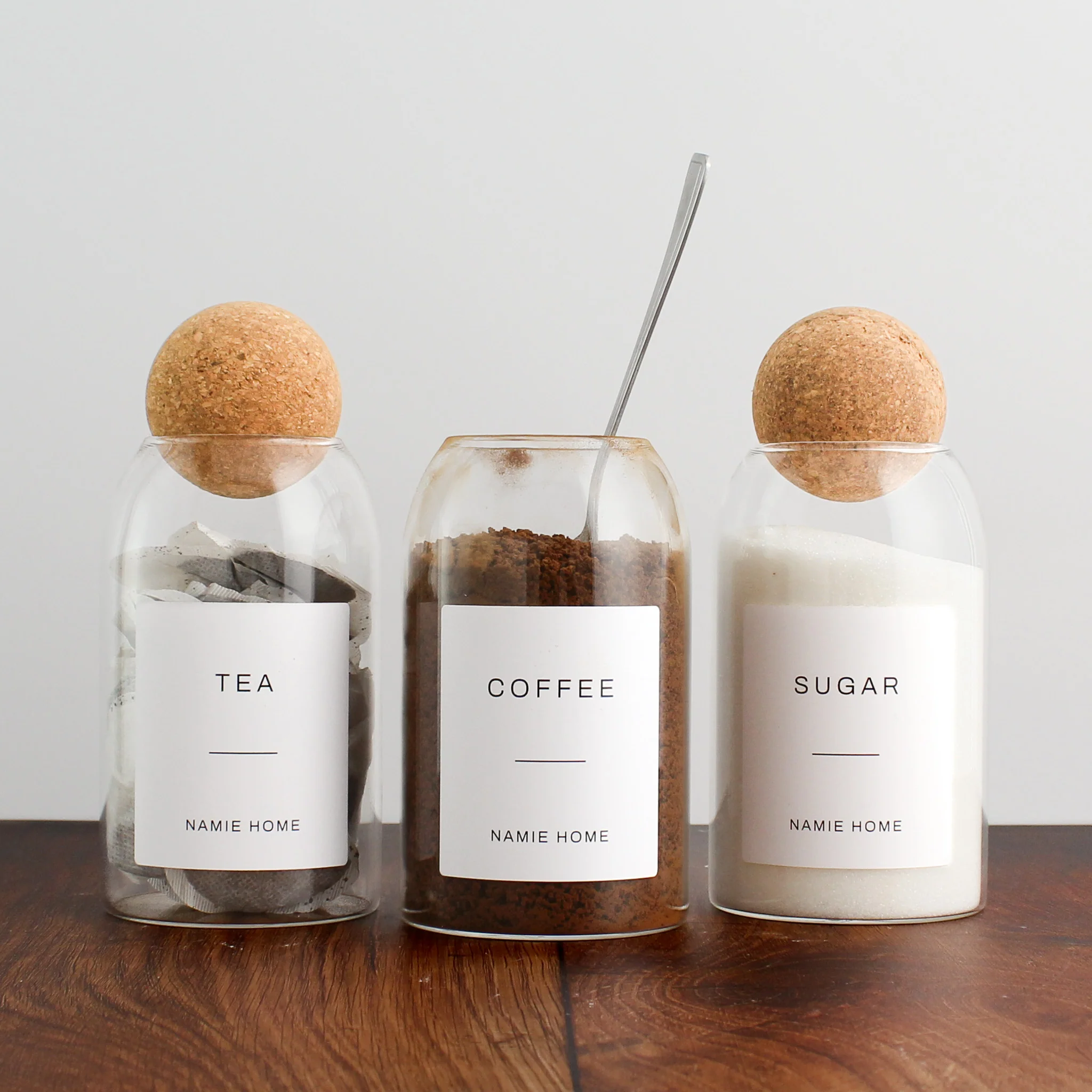 Tea Coffee Sugar Cork Ball Glass Storage Jar Set - Image 2