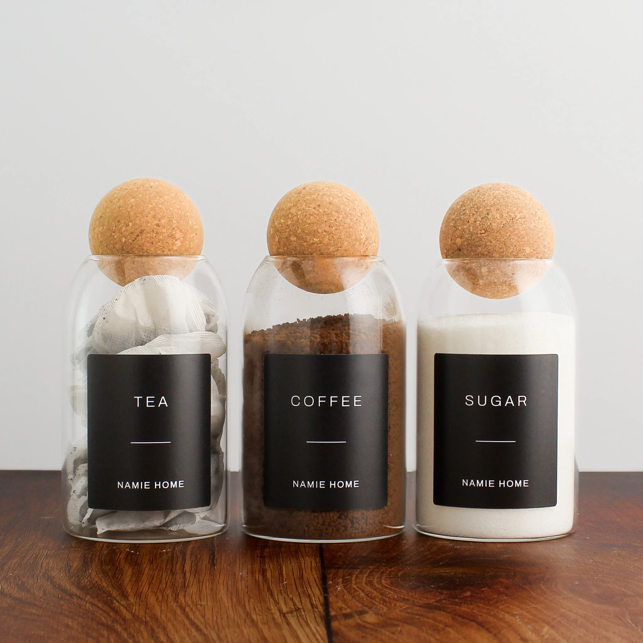 Tea Coffee Sugar Cork Ball Glass Storage Jar Set - Image 3