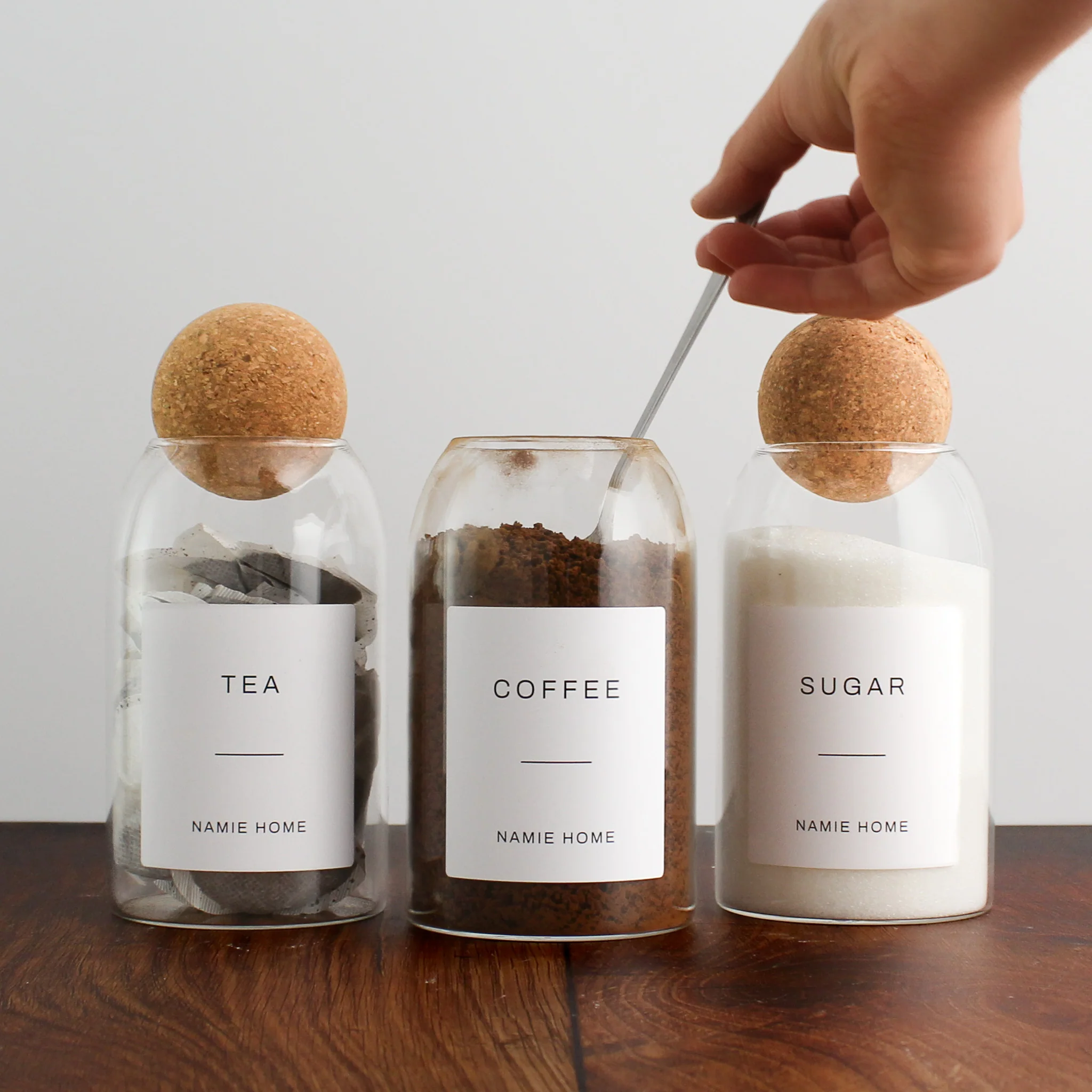 Tea Coffee Sugar Cork Ball Glass Storage Jar Set - Image 4