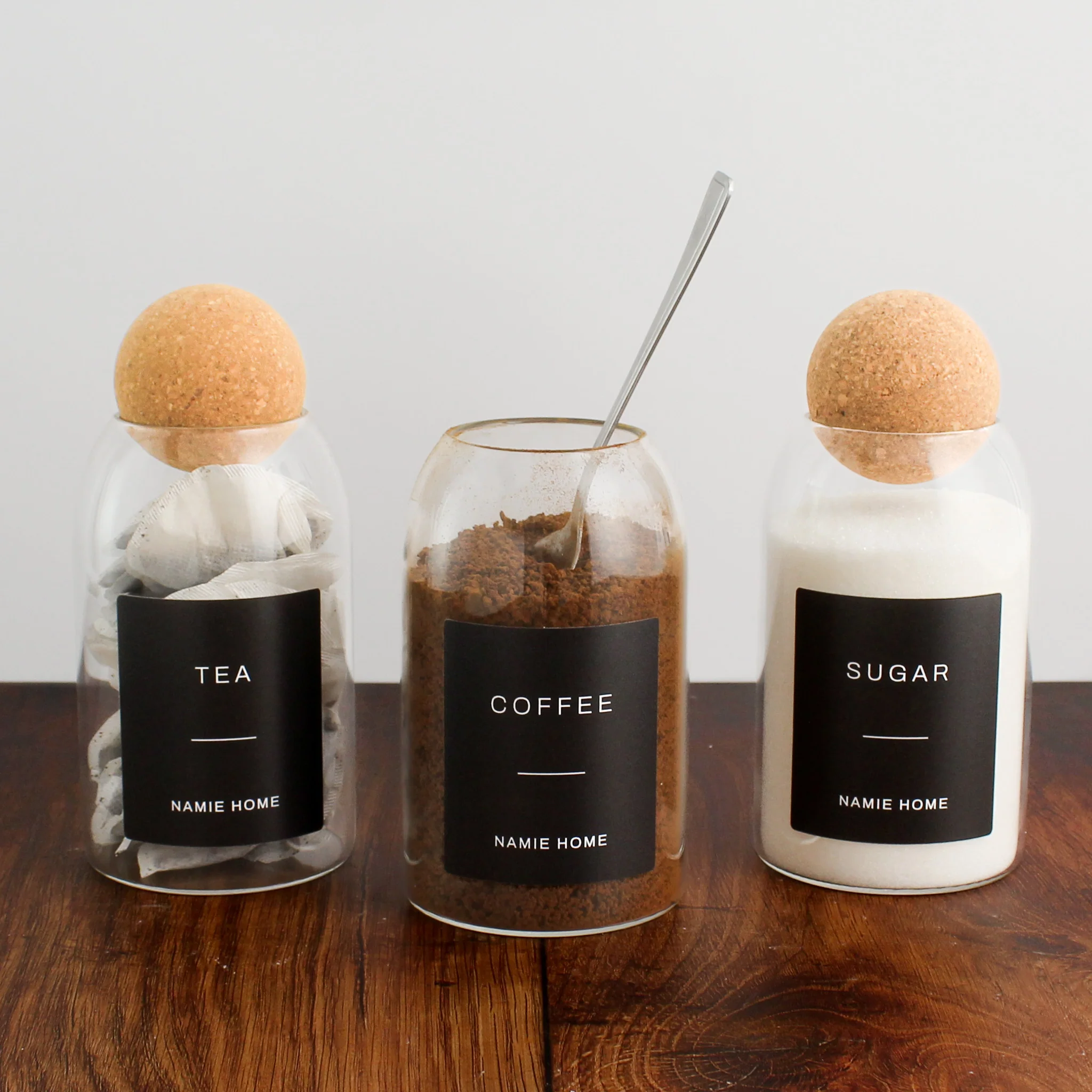 Tea Coffee Sugar Cork Ball Glass Storage Jar Set - Image 5