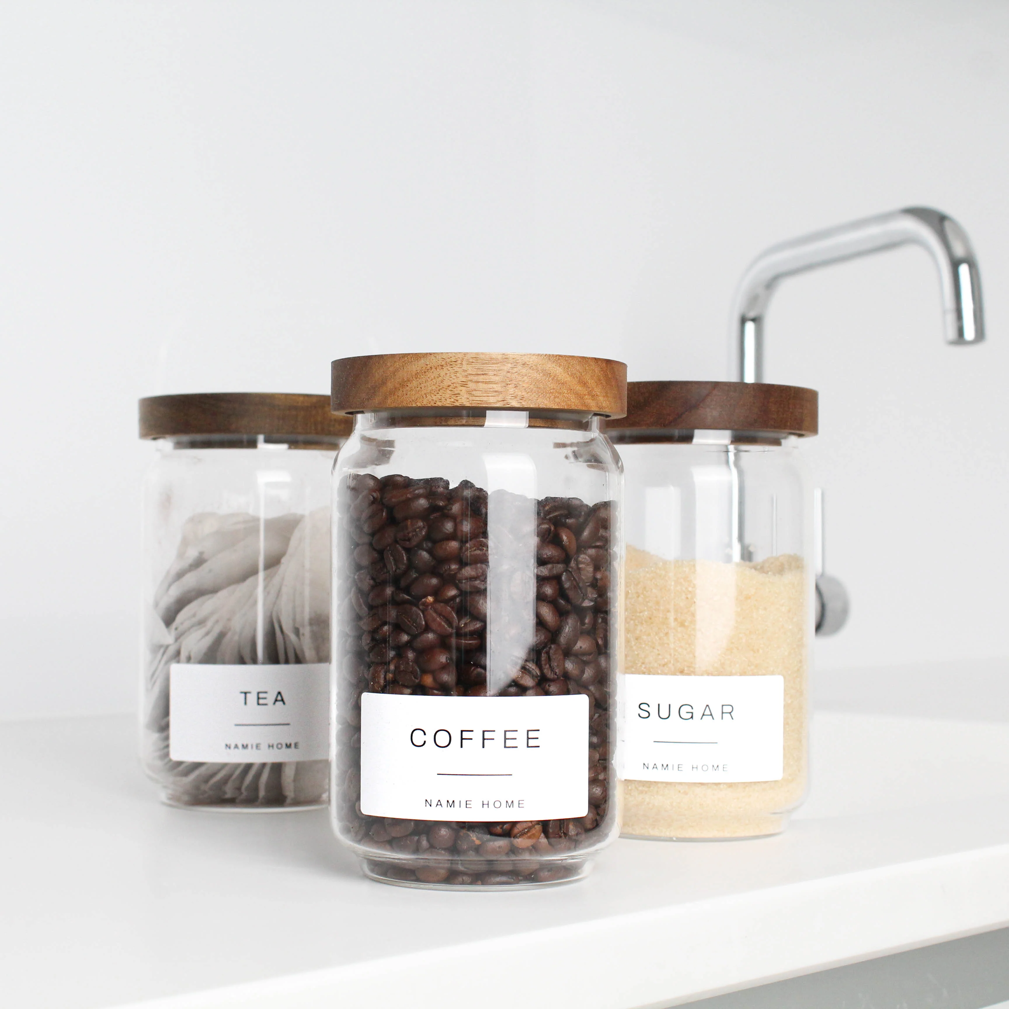 Tea Coffee Sugar Storage Jar Set With Acacia Lids - Image 4