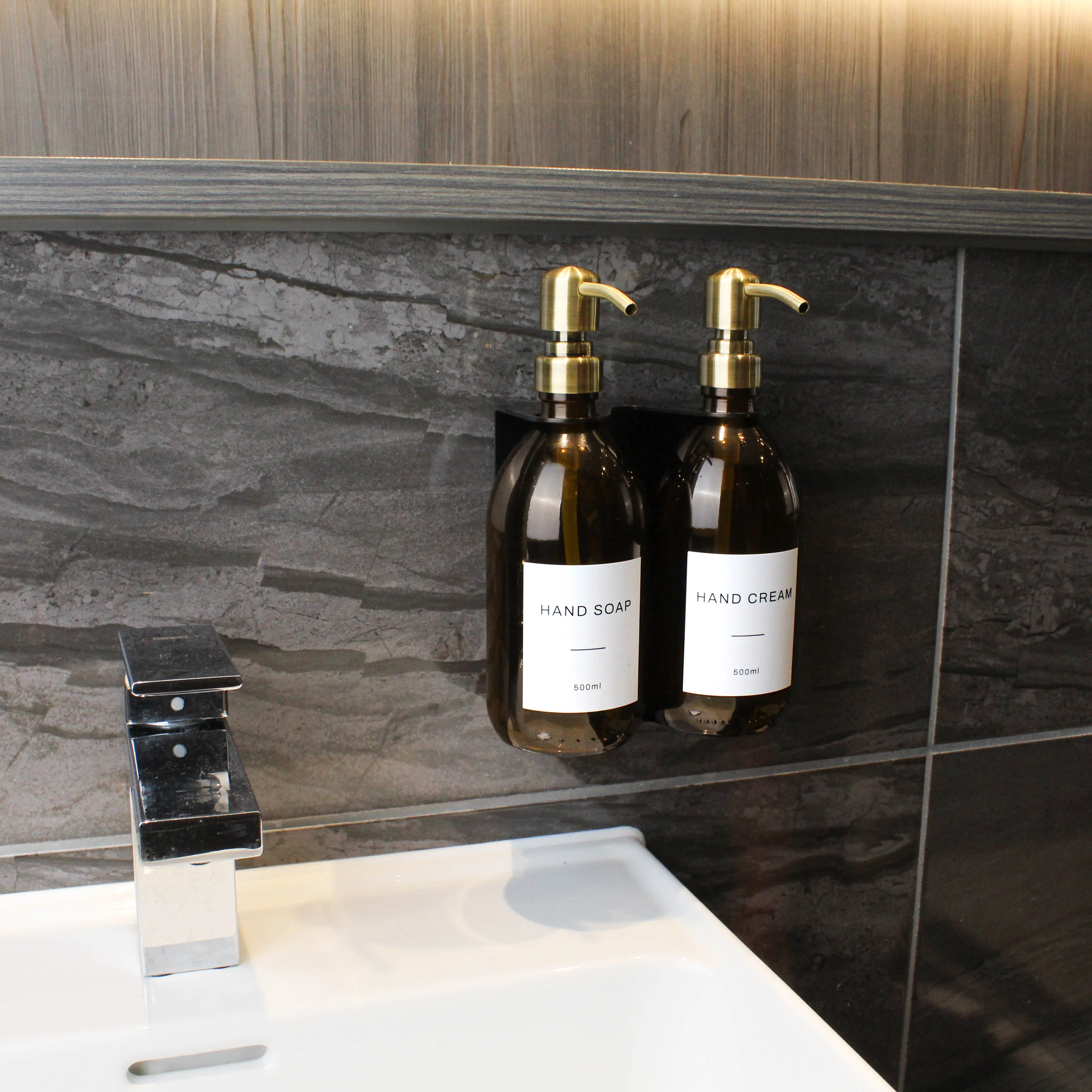 Black Wall Bracket & Amber Glass Dispenser Set - Image 3