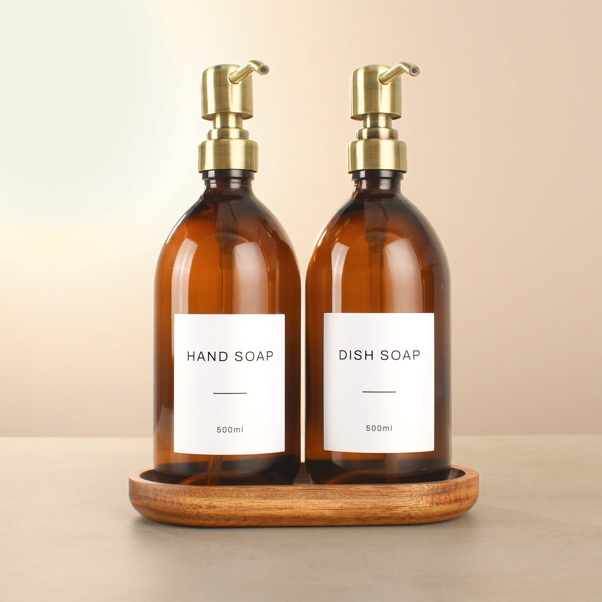 Acacia Tray & Amber Glass Dispenser Double Set