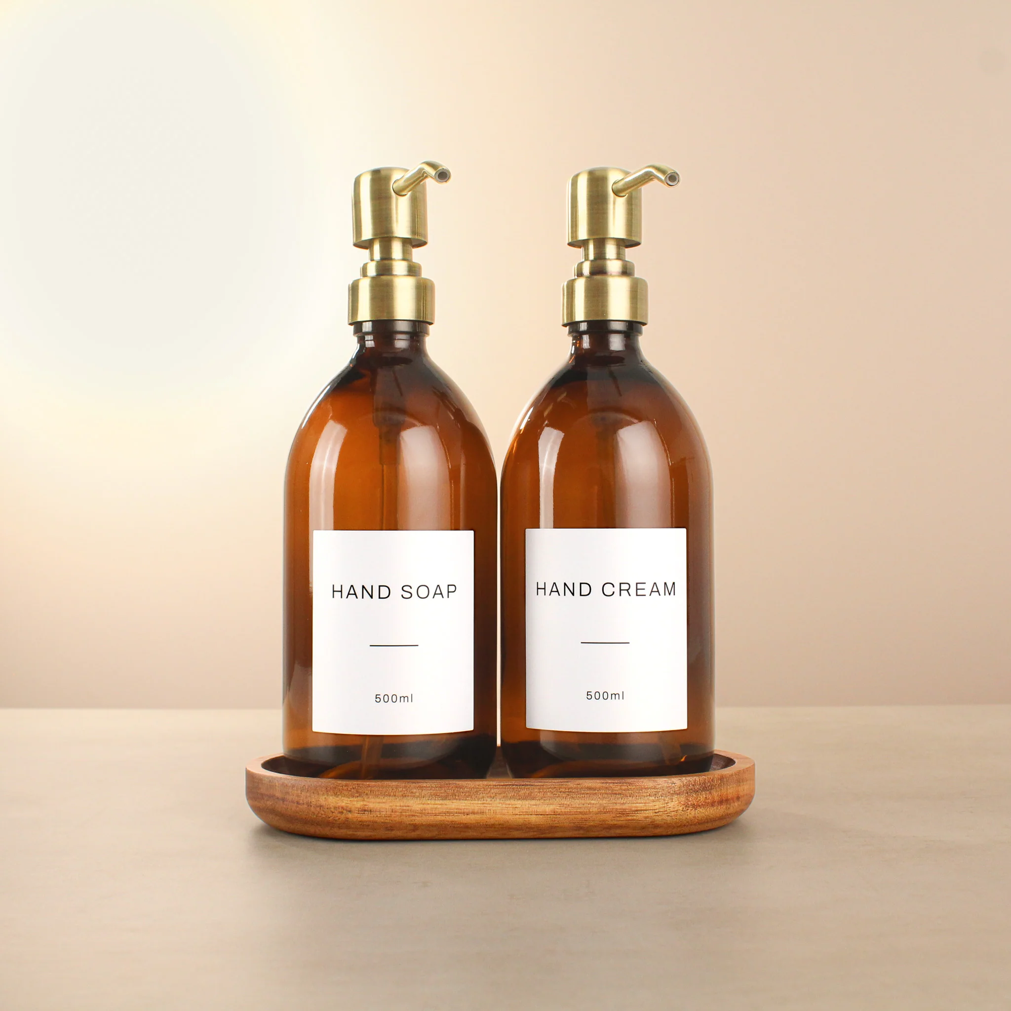 Acacia Tray & Amber Glass Dispenser Double Set - Image 2